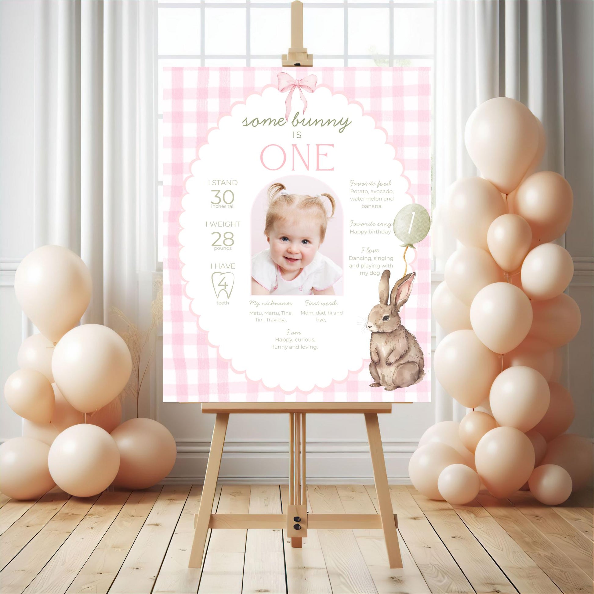 Some Bunny is One First Birthday Sign Stats Poster Editable Bunny 1st Birthday Monthly Banner Pink Gingham Rabbit Photo Milestone sign