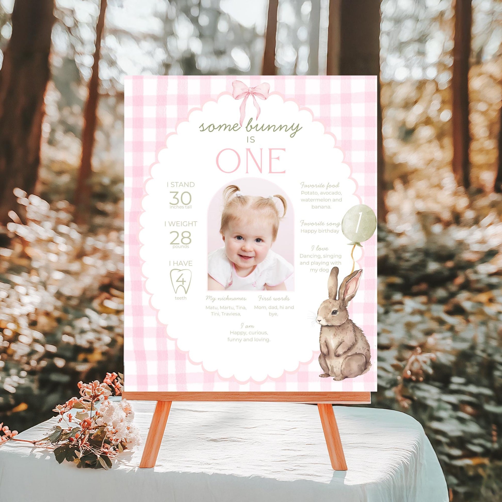 Some Bunny is One First Birthday Sign Stats Poster Editable Bunny 1st Birthday Monthly Banner Pink Gingham Rabbit Photo Milestone sign