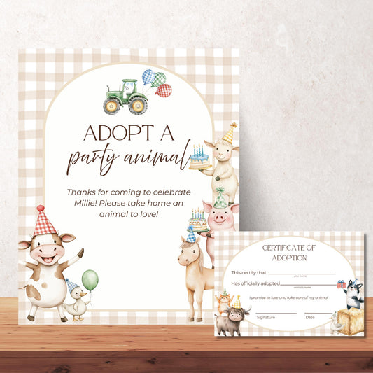 Adopt a Farm Animal Sign Adoption Certificate One Party Animal Party Favor Printable Birthday Decor Download Farm Birthday Decor Barnyard