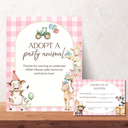 Adopt a Farm Animal Sign Adoption Certificate One Party Animal Party Favor Printable Birthday Decor Download Farm Birthday Pink Barnyard