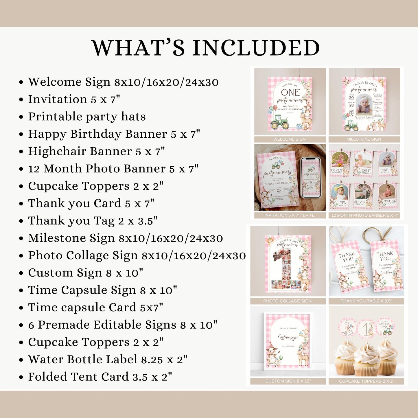 Pink Farm Birthday Invite Barnyard First Birthday Party Decor Party Animal 1st Birthday Bundle Farm Animal Theme Country Birthday Decor