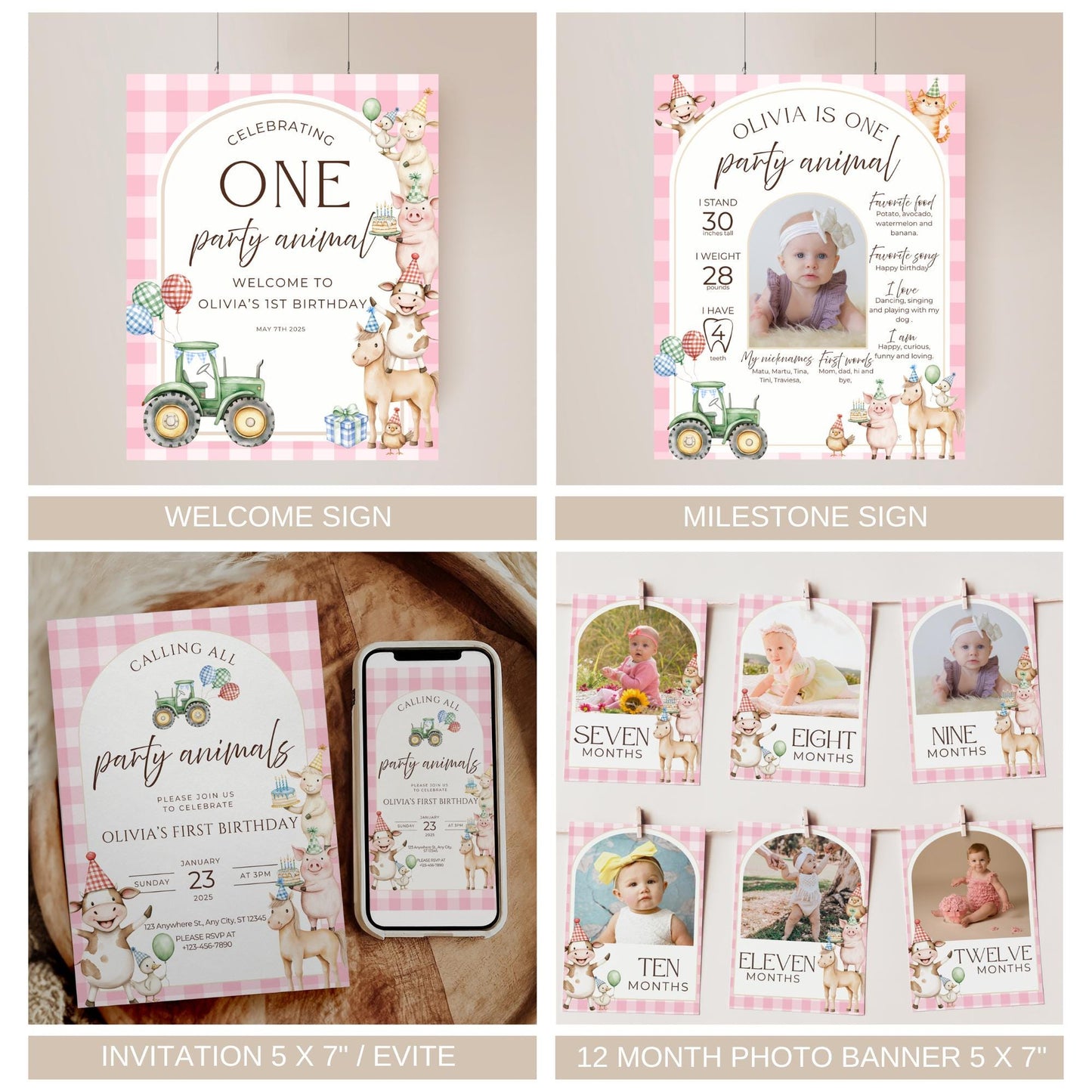Pink farm animal 1st birthday welcome sign Girl Barnyard first birthday milestone stats sign Calling all party animals birthday invitation pink gingham farming party monthly photo banner