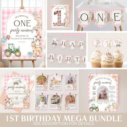 Pink Farm Birthday Invite Barnyard First Birthday Party Decor Party Animal 1st Birthday Bundle Farm Animal Theme Country Birthday Decor