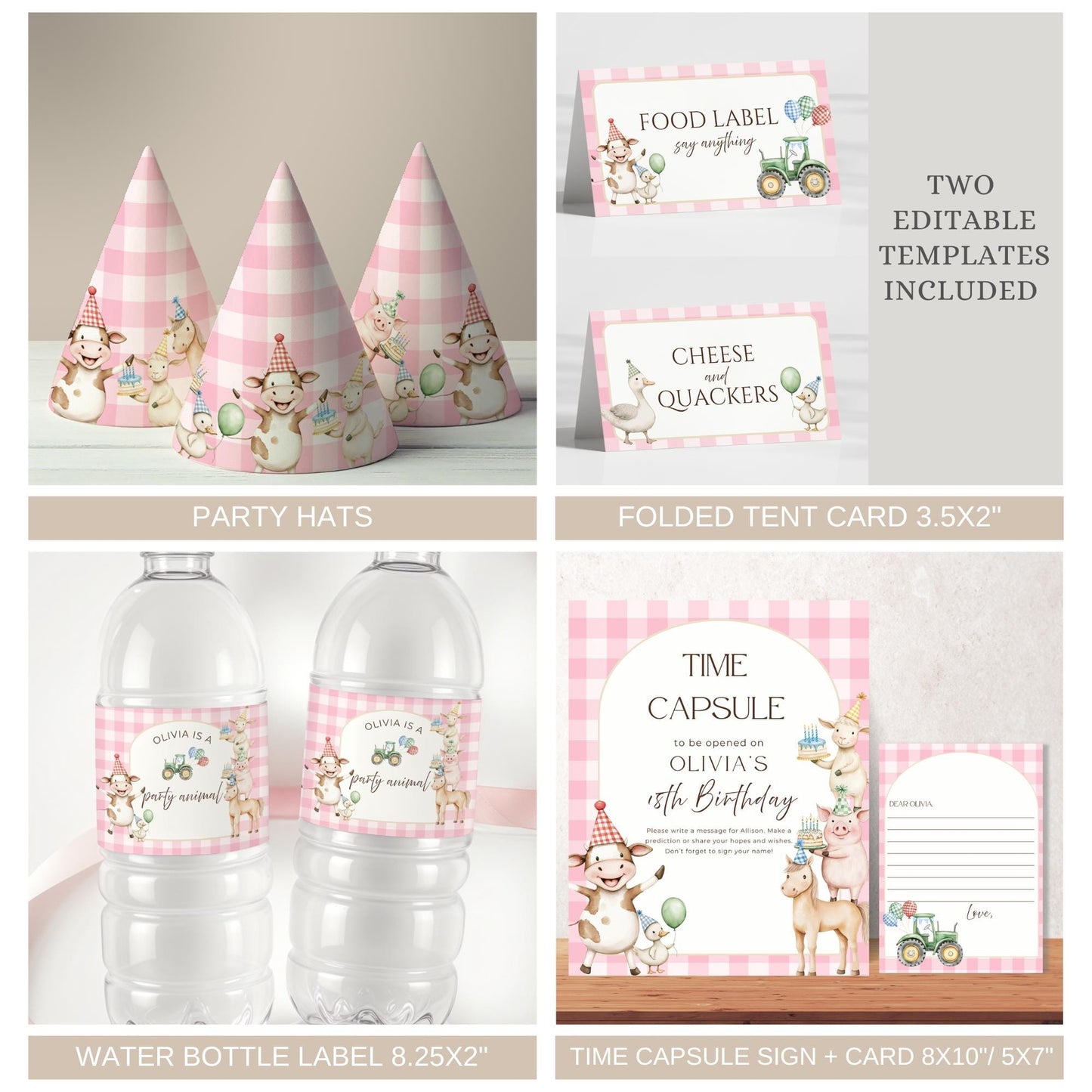 Pink gingham farm animals printable party hats barnyard food tent cards for party table decor water bottle labels for birthday party calling all party animals birthday time capsule