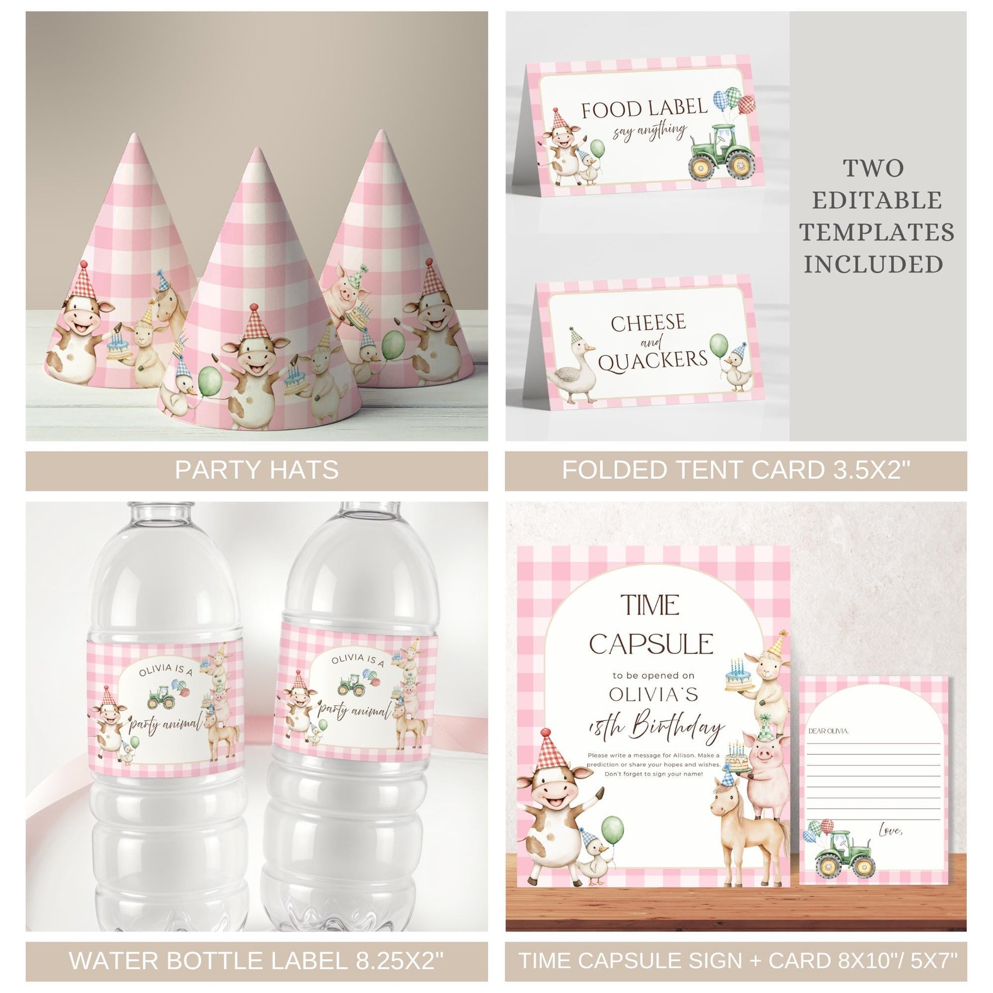 Pink gingham farm animals printable party hats barnyard food tent cards for party table decor water bottle labels for birthday party calling all party animals birthday time capsule