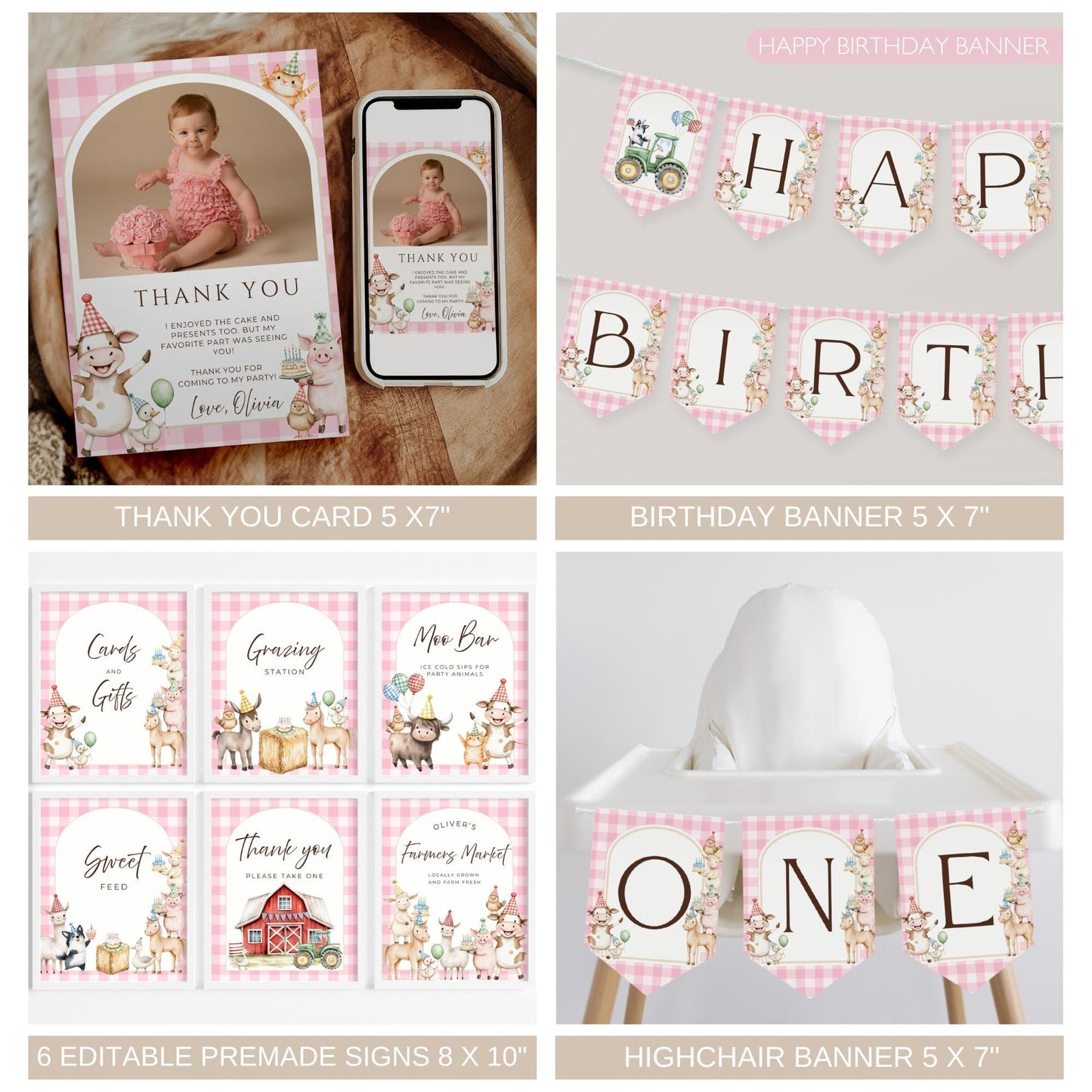 Pink barnyard birthday thank you card tractor theme happy birthday bunting banner pink party animals sign bundle girl 1st birthday animal highchair banner