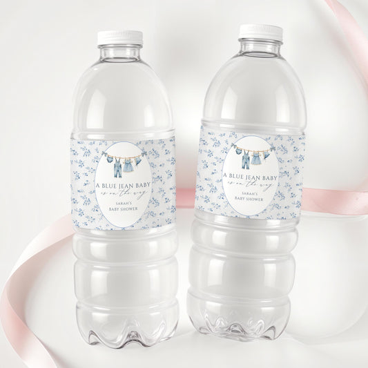 A Blue Jean Baby is on the way Baby shower Water Bottle Label Editable Drink Label Digital Download Denim Baby Sprinkle Decor Western Baby