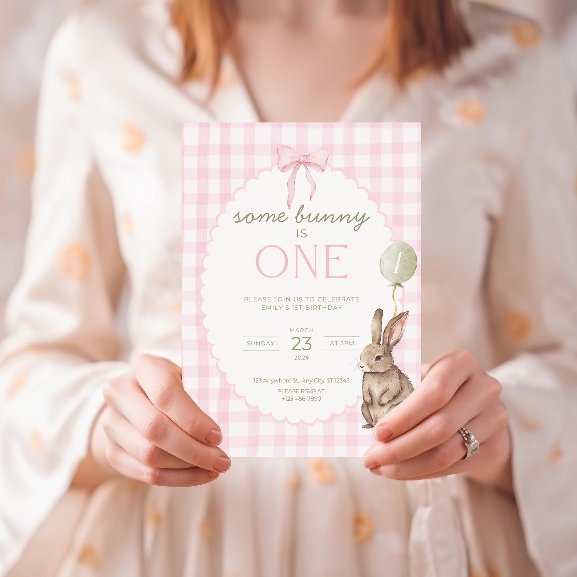 Some Bunny is One Birthday Invitation Bunny Birthday Invite Pink Gingham Invitation Coquette Bunny First birthday Rabbit Birthday Invite