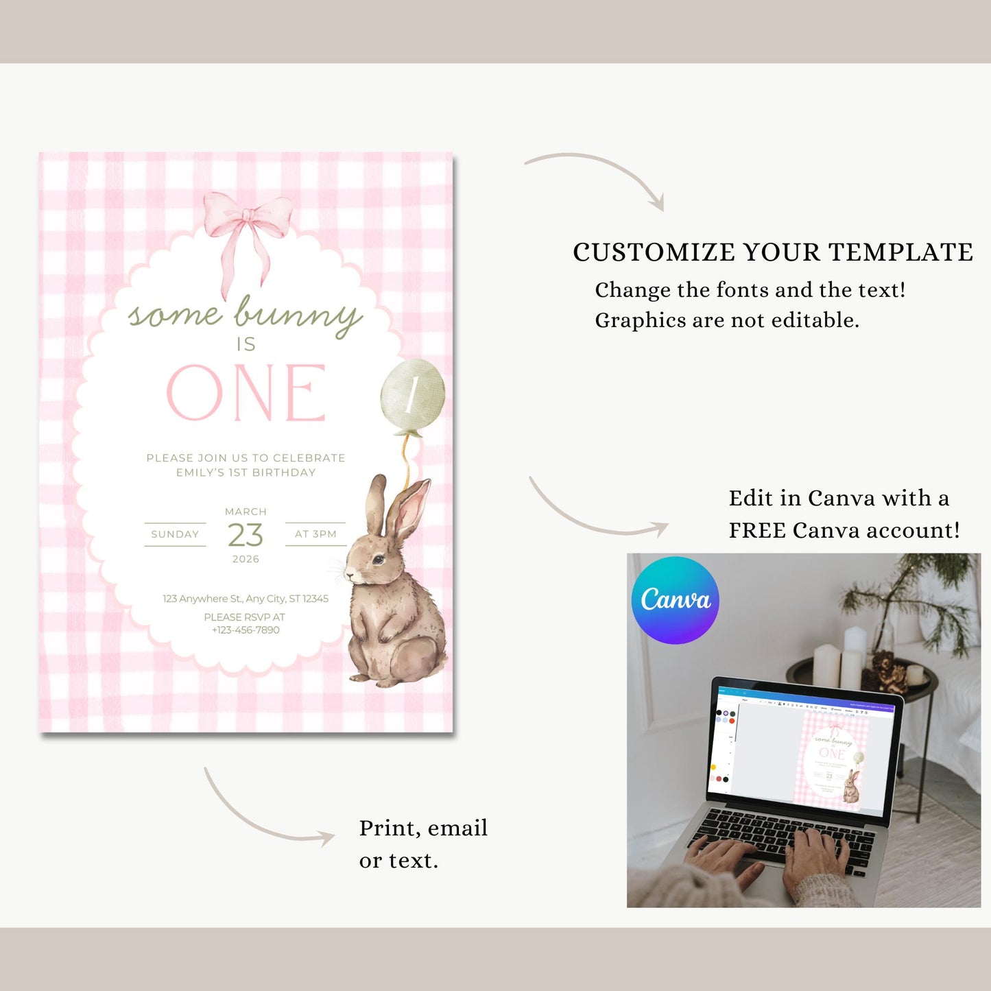 Some Bunny is One Birthday Invitation Bunny Birthday Invite Pink Gingham Invitation Coquette Bunny First birthday Rabbit Birthday Invite