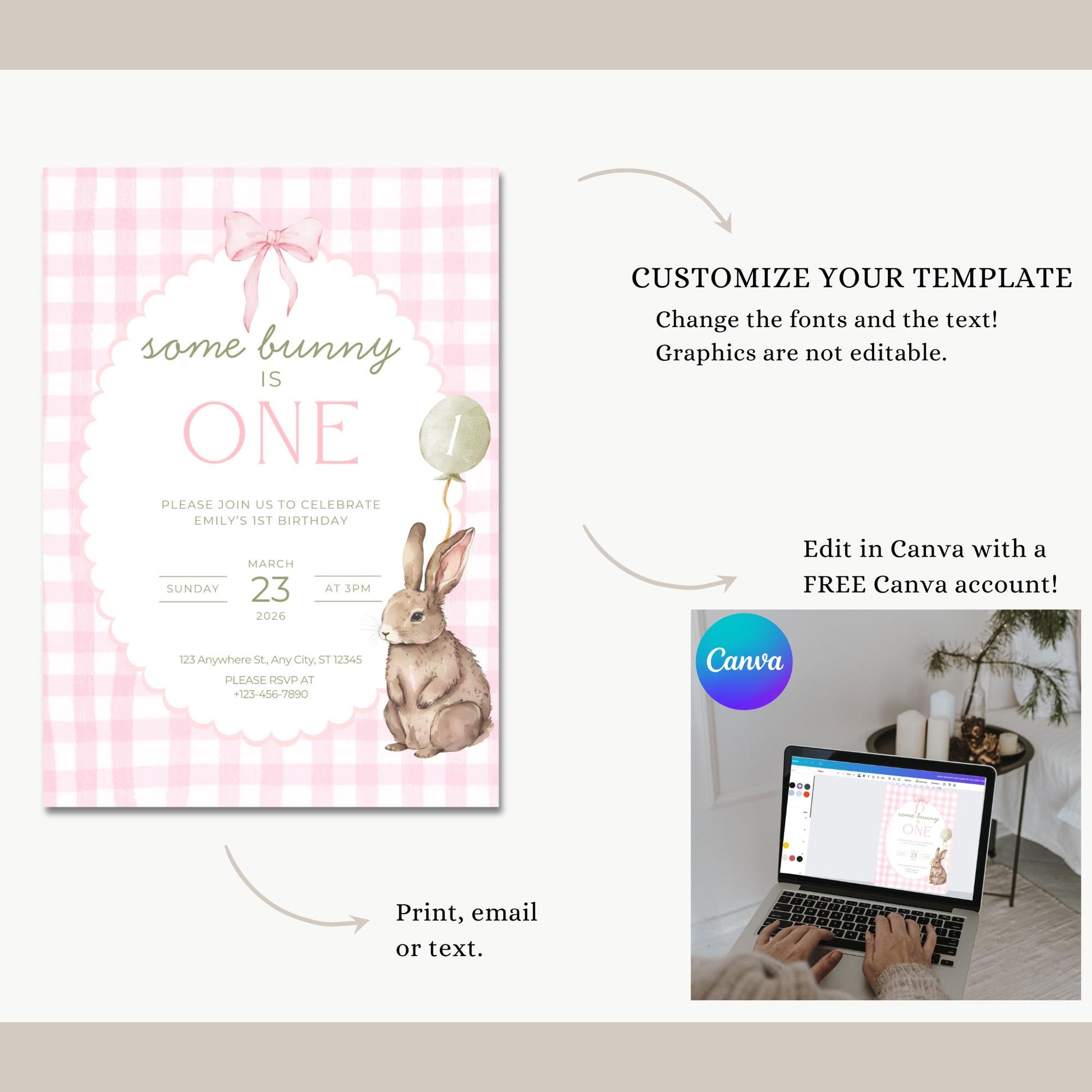 Some Bunny is One Birthday Invitation Bunny Birthday Invite Pink Gingham Invitation Coquette Bunny First birthday Rabbit Birthday Invite