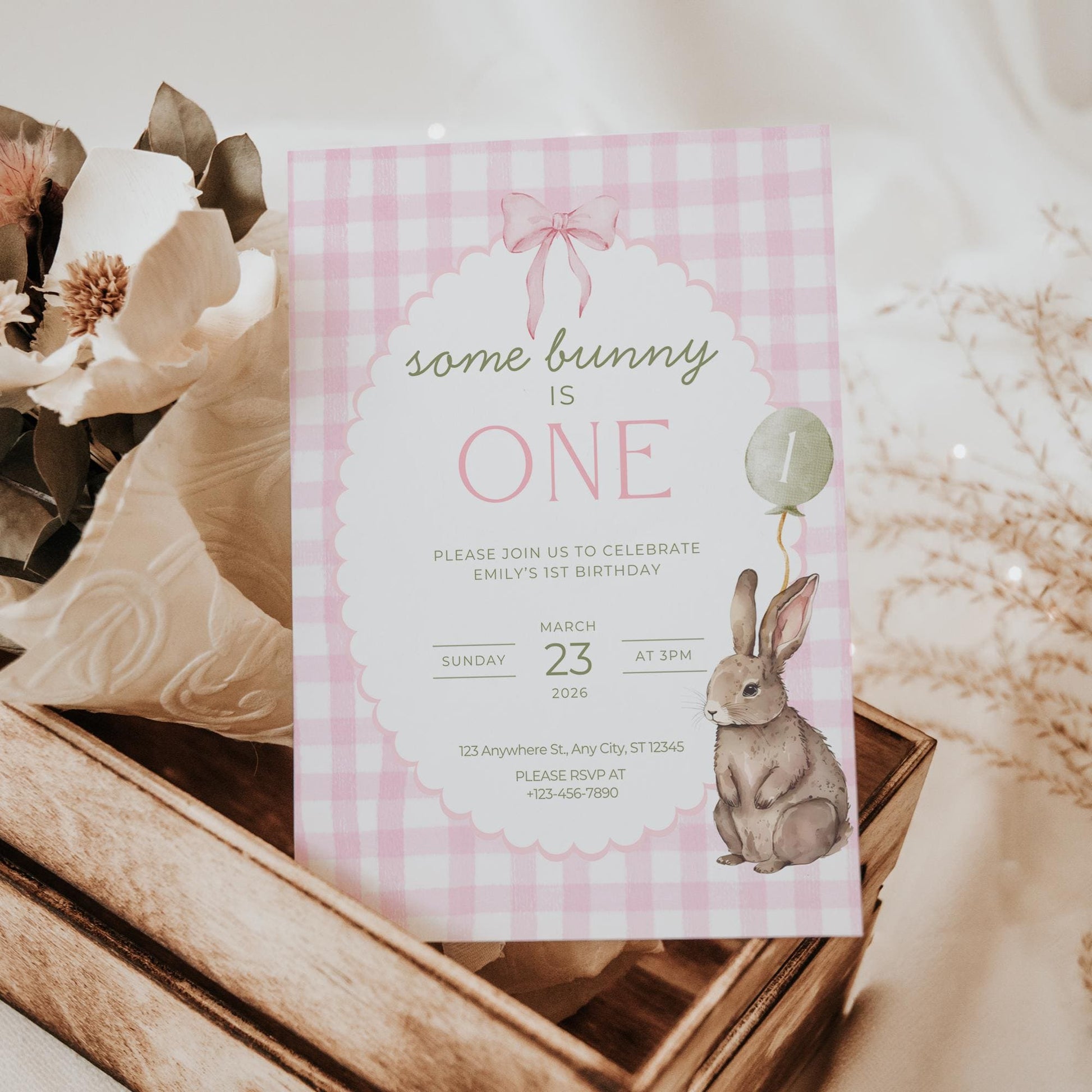 Some Bunny is One Birthday Invitation Bunny Birthday Invite Pink Gingham Invitation Coquette Bunny First birthday Rabbit Birthday Invite