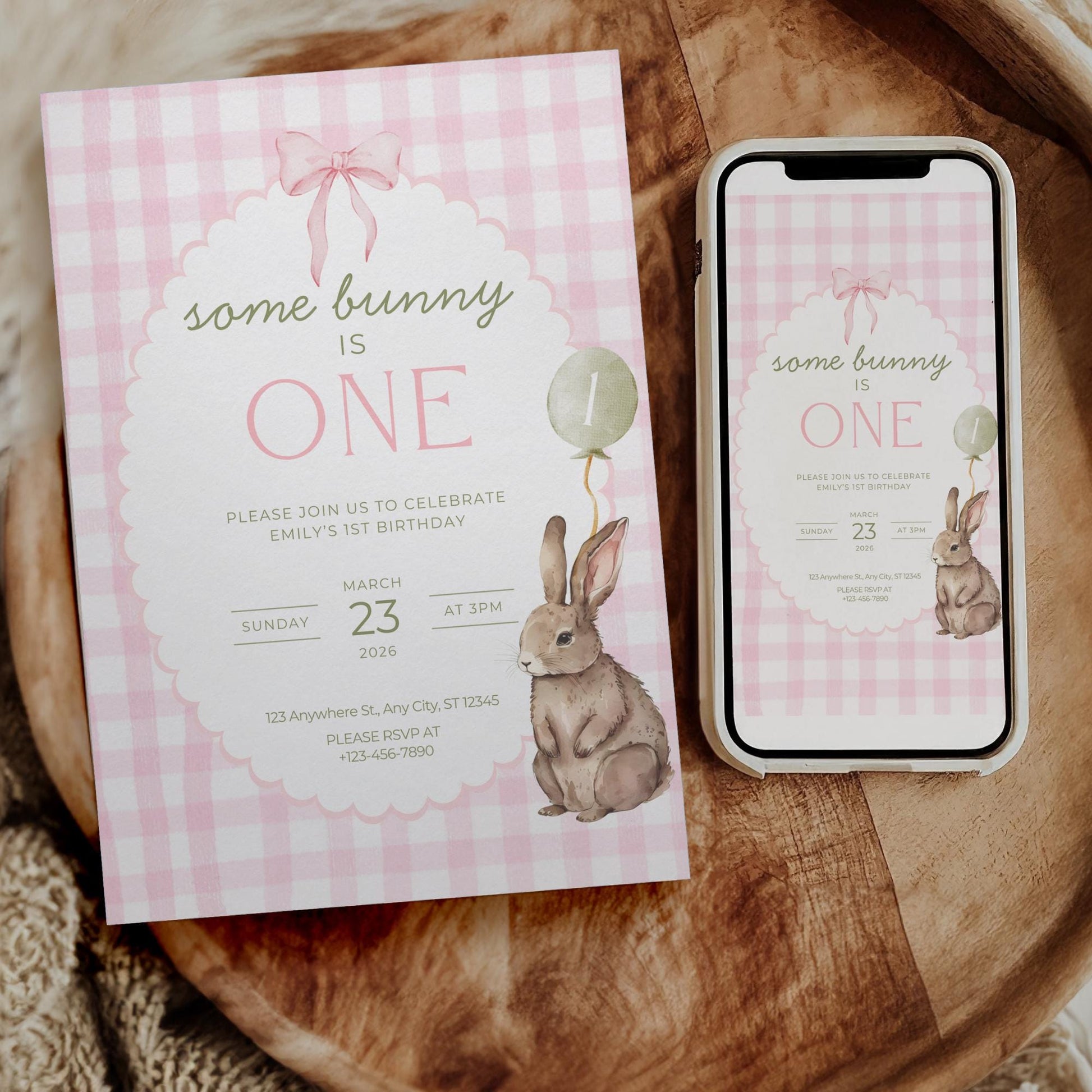 Some Bunny is One Birthday Invitation Bunny Birthday Invite Pink Gingham Invitation Coquette Bunny First birthday Rabbit Birthday Invite