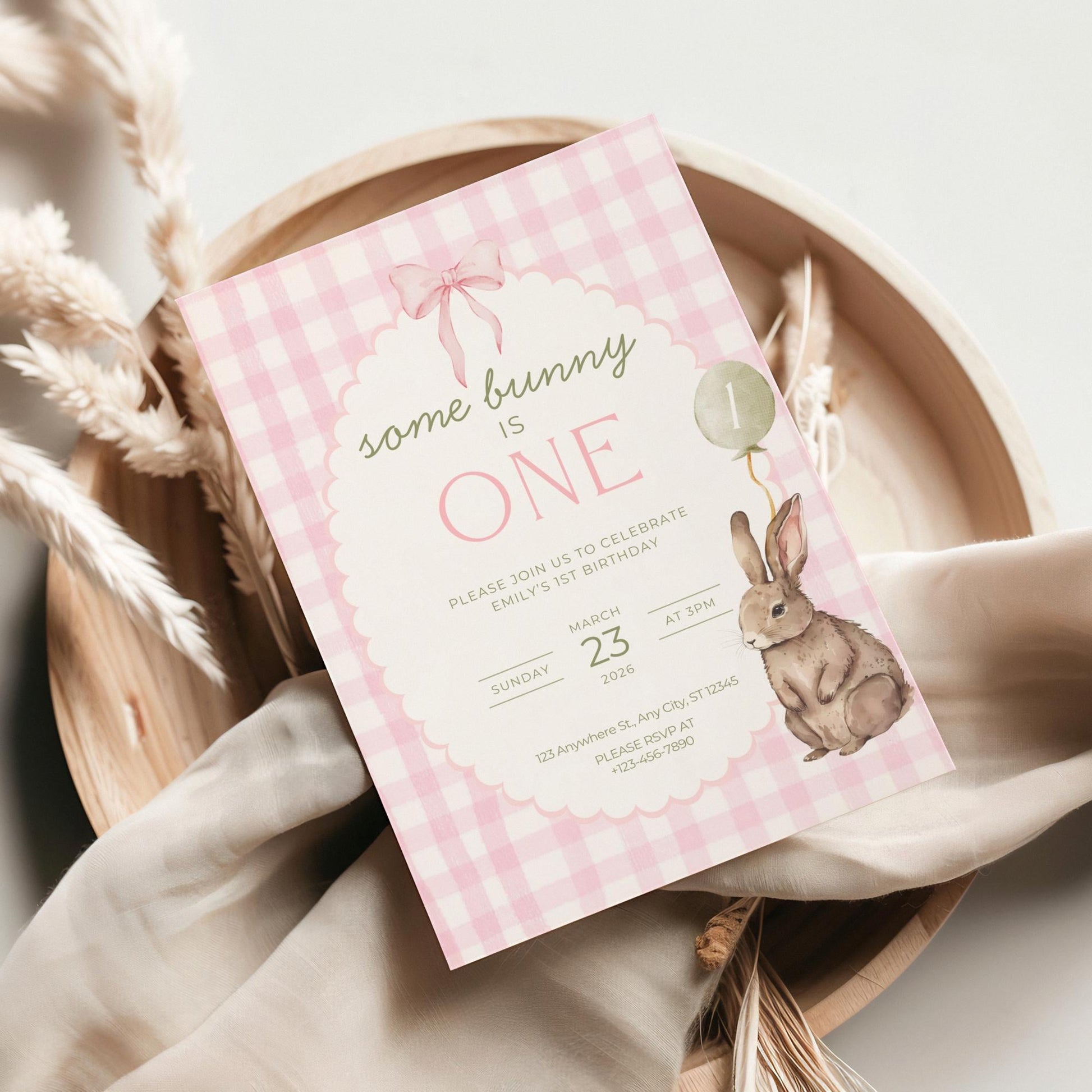 Some Bunny is One Birthday Invitation Bunny Birthday Invite Pink Gingham Invitation Coquette Bunny First birthday Rabbit Birthday Invite