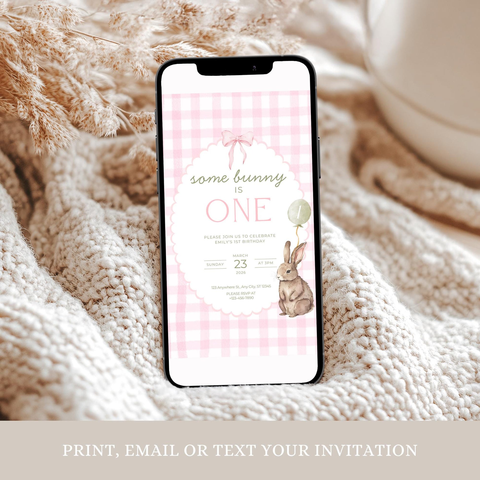 Some Bunny is One Birthday Invitation Bunny Birthday Invite Pink Gingham Invitation Coquette Bunny First birthday Rabbit Birthday Invite