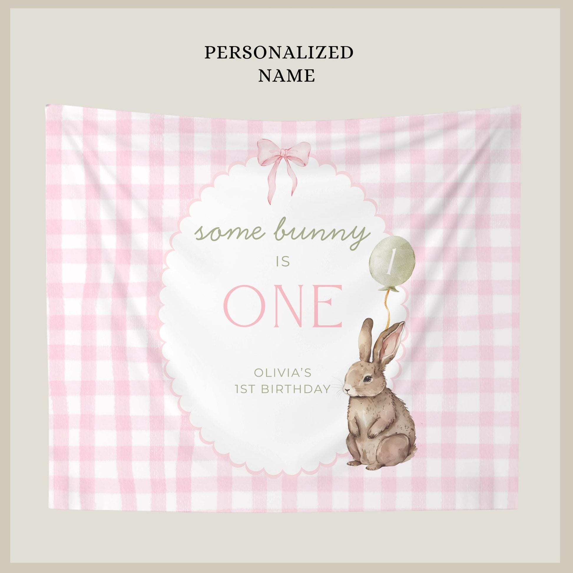 Some Bunny is One Birthday Backdrop Bunny Birthday Welcome Sign Pink Gingham Bunny Banner Personalized Easter Birthday Decoration