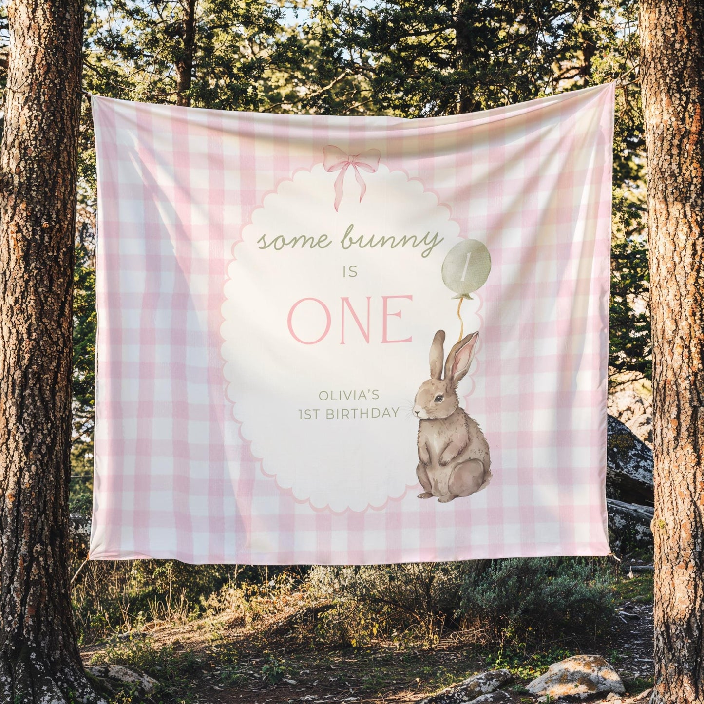 Some Bunny is One Birthday Backdrop Bunny Birthday Welcome Sign Pink Gingham Bunny Banner Personalized Easter Birthday Decoration