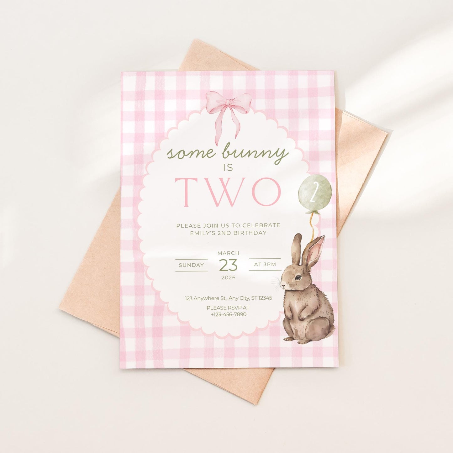 Some Bunny is Two Birthday Invitation Pink Bow Birthday Invite Pink Gingham Invitation Coquette Bunny 2nd birthday Rabbit Birthday