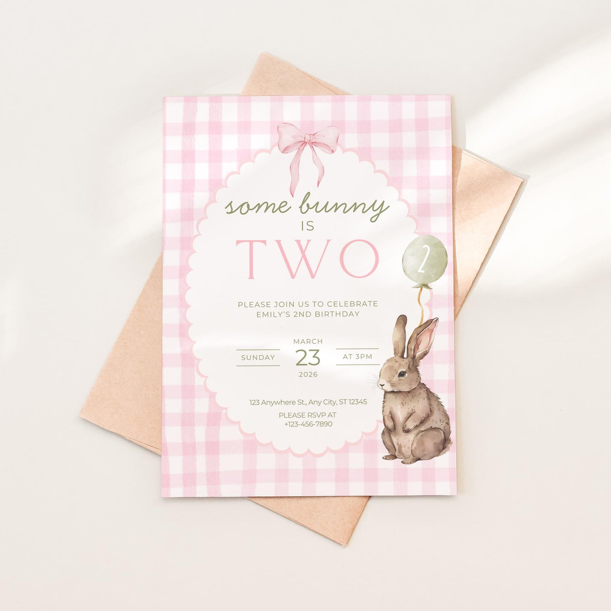 Some Bunny is Two Birthday Invitation Pink Bow Birthday Invite Pink Gingham Invitation Coquette Bunny 2nd birthday Rabbit Birthday