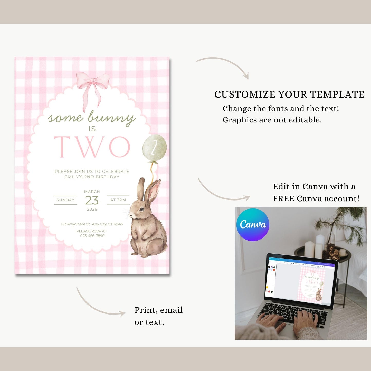 Some Bunny is Two Birthday Invitation Pink Bow Birthday Invite Pink Gingham Invitation Coquette Bunny 2nd birthday Rabbit Birthday