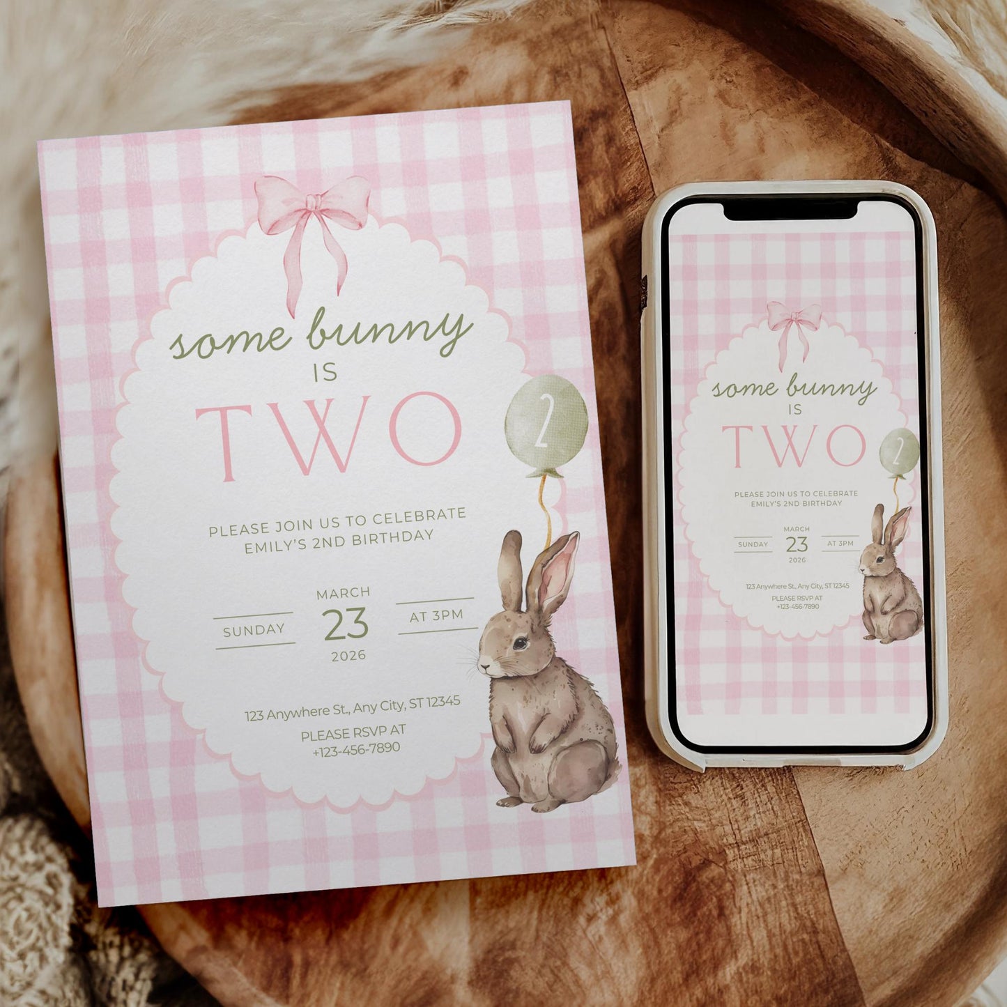 Some Bunny is Two Birthday Invitation Pink Bow Birthday Invite Pink Gingham Invitation Coquette Bunny 2nd birthday Rabbit Birthday
