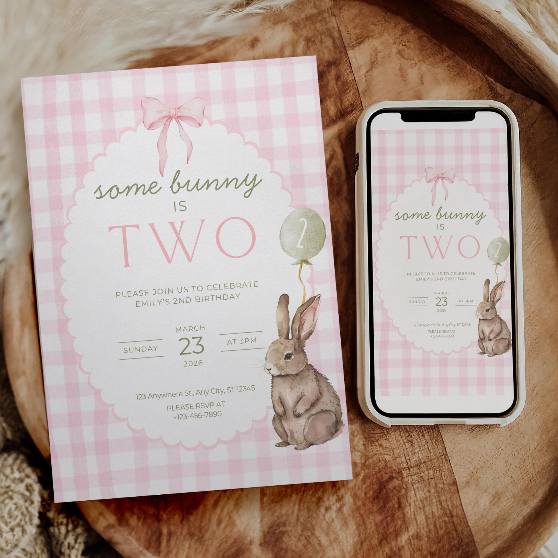 Some Bunny is Two Birthday Invitation Pink Bow Birthday Invite Pink Gingham Invitation Coquette Bunny 2nd birthday Rabbit Birthday