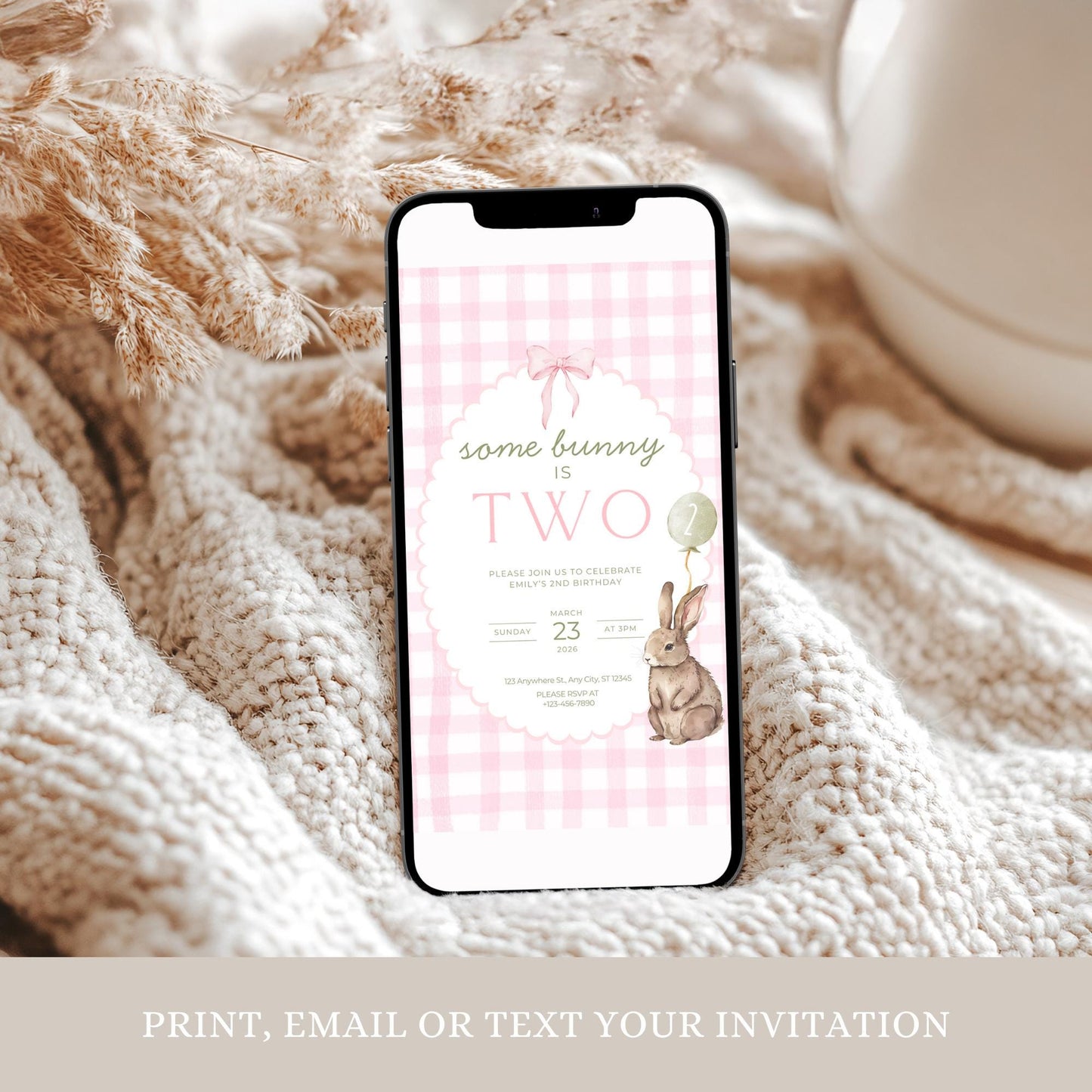Some Bunny is Two Birthday Invitation Pink Bow Birthday Invite Pink Gingham Invitation Coquette Bunny 2nd birthday Rabbit Birthday