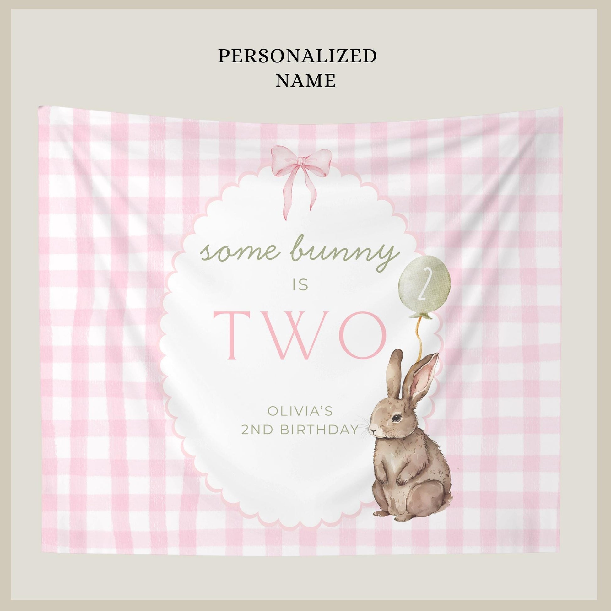 Some Bunny is Two Birthday Backdrop Bunny Birthday Welcome Sign Pink Gingham Bunny Banner Personalized Easter Birthday Decoration