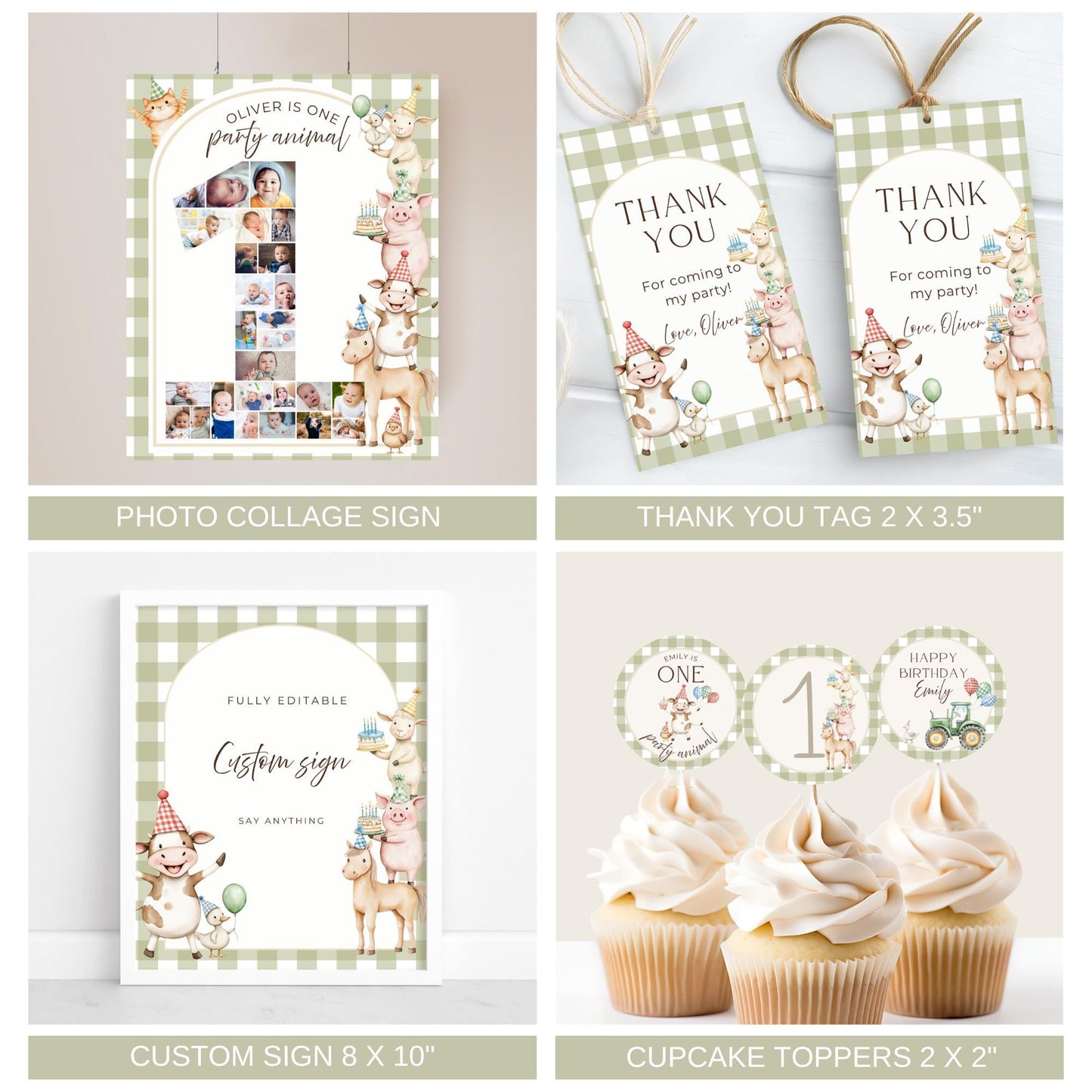 Farm Birthday Invite Barnyard First Birthday Party Decor Party Animals 1st Birthday Bundle Farm Animal Theme Party Country Birthday Decor photo collage poster thank you tags custom table sign cupcake toppers