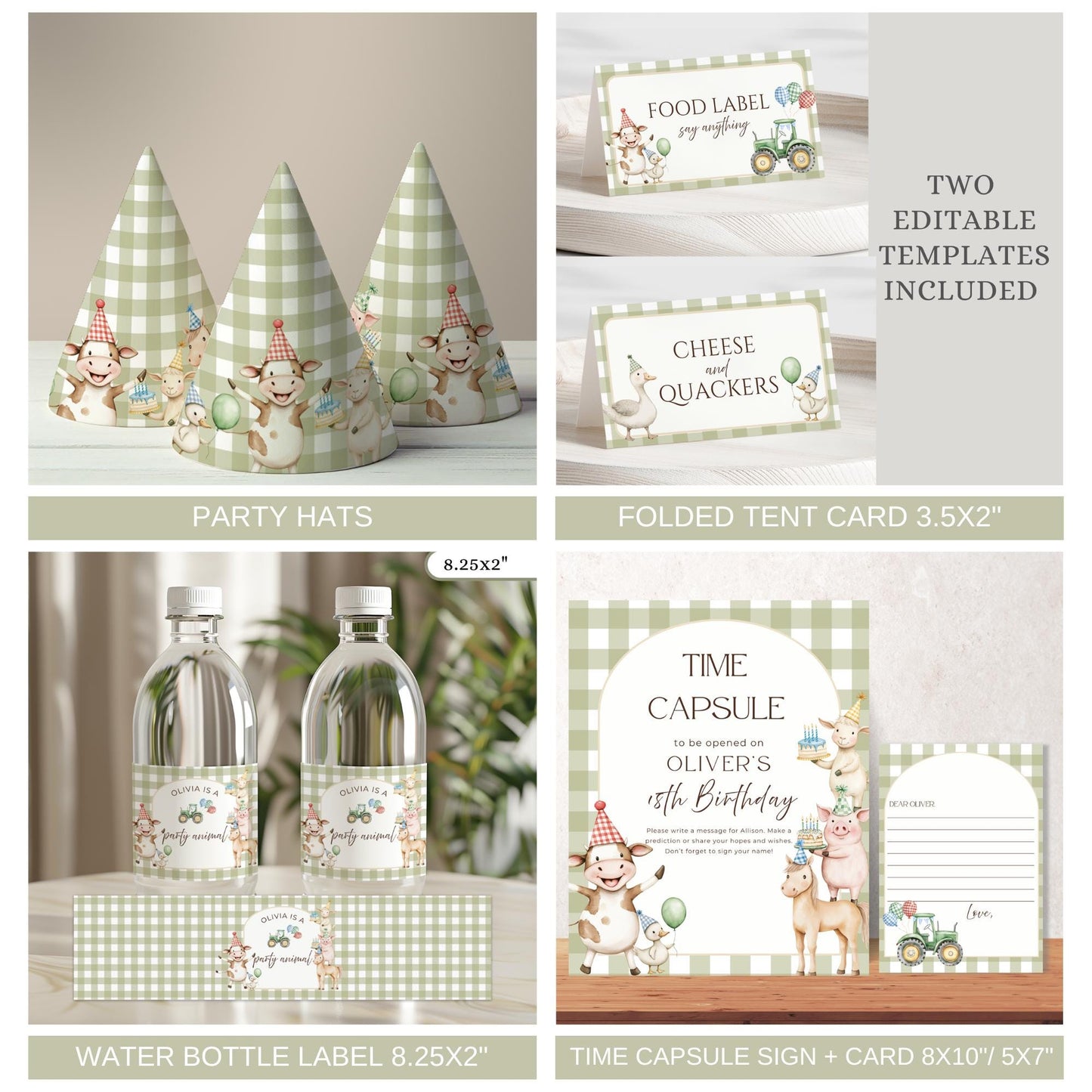 Farm Birthday Invite Barnyard First Birthday Party Decor Party Animals 1st Birthday Bundle Farm Animal Theme Party Country Birthday Decor Party hats buffet tent cards water bottle drink labels time capsule