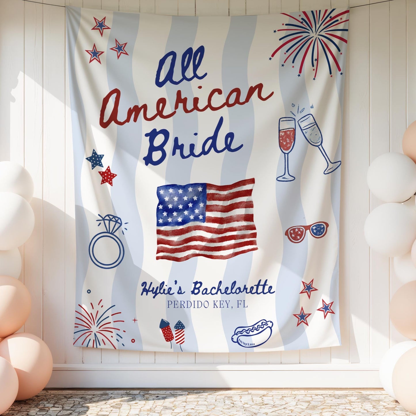 All American Bride Bachelorette Banner Red White and Blue Party Decor Patriotic Themed Sign 4th of July Bach Weekend Backdrop USA Bach Party