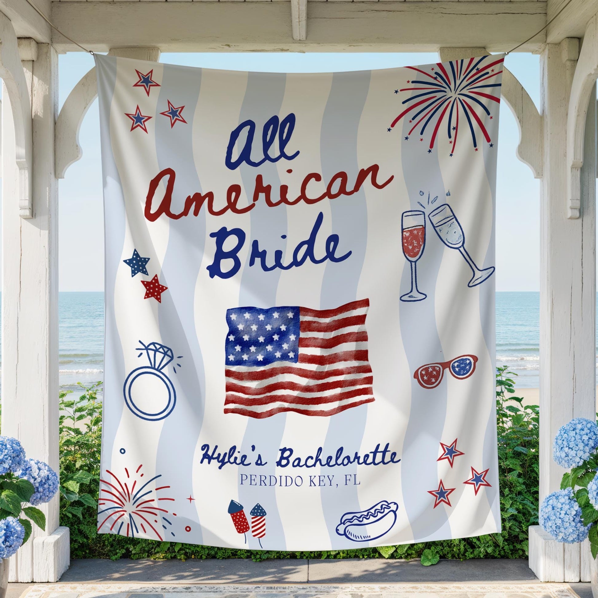 All American Bride Bachelorette Banner Red White and Blue Party Decor Patriotic Themed Sign 4th of July Bach Weekend Backdrop USA Bach Party
