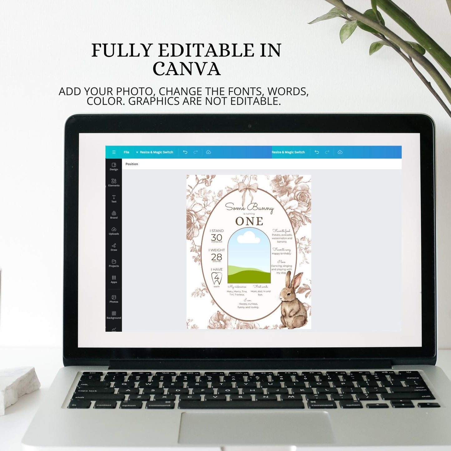 Some Bunny is One First Birthday Sign Stats Poster Editable Bunny 1st Birthday Monthly Banner Vintage Floral Rabbit Photo Milestone sign