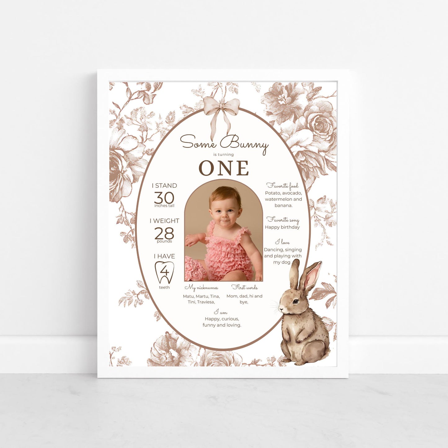 Some Bunny is One First Birthday Sign Stats Poster Editable Bunny 1st Birthday Monthly Banner Vintage Floral Rabbit Photo Milestone sign