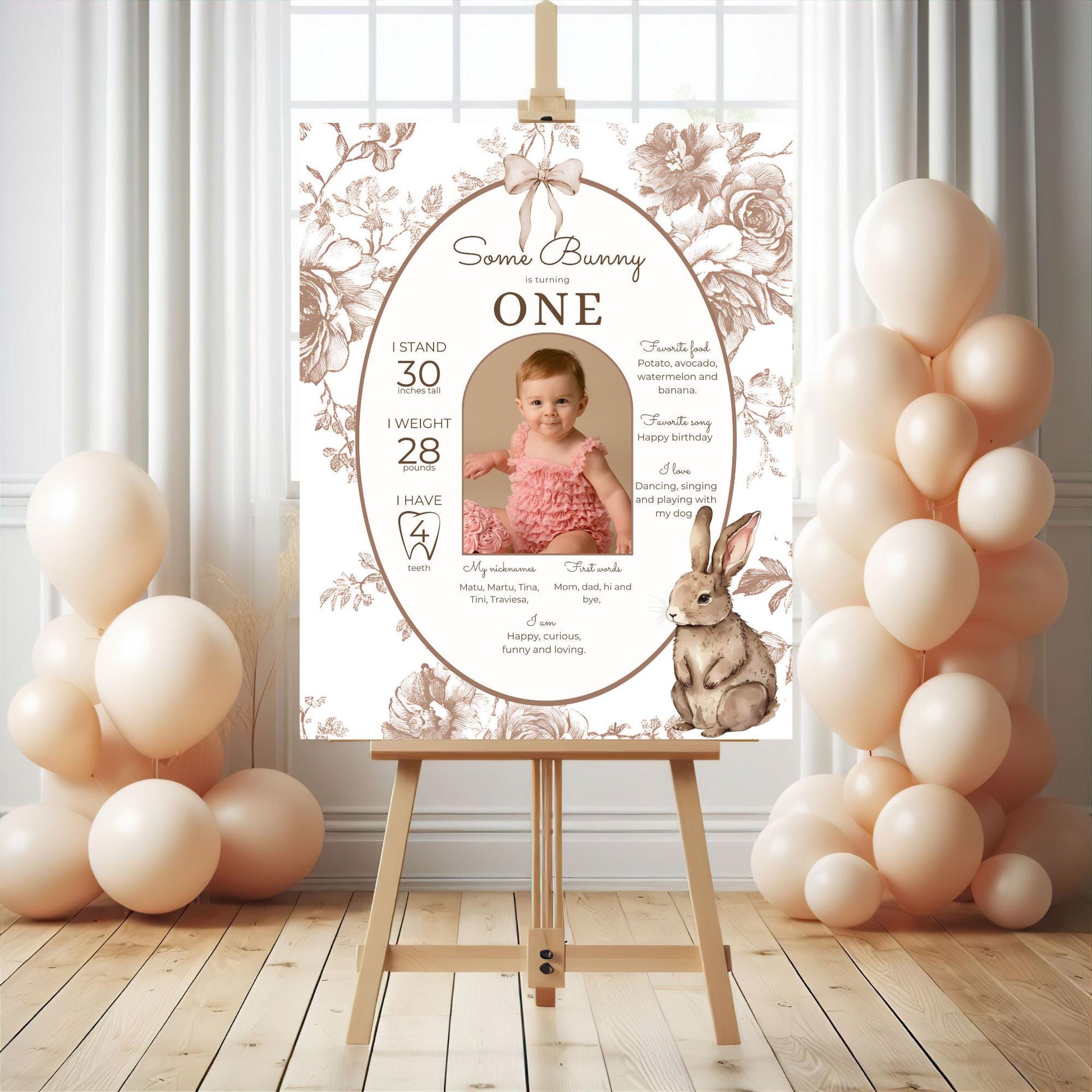 Some Bunny is One First Birthday Sign Stats Poster Editable Bunny 1st Birthday Monthly Banner Vintage Floral Rabbit Photo Milestone sign