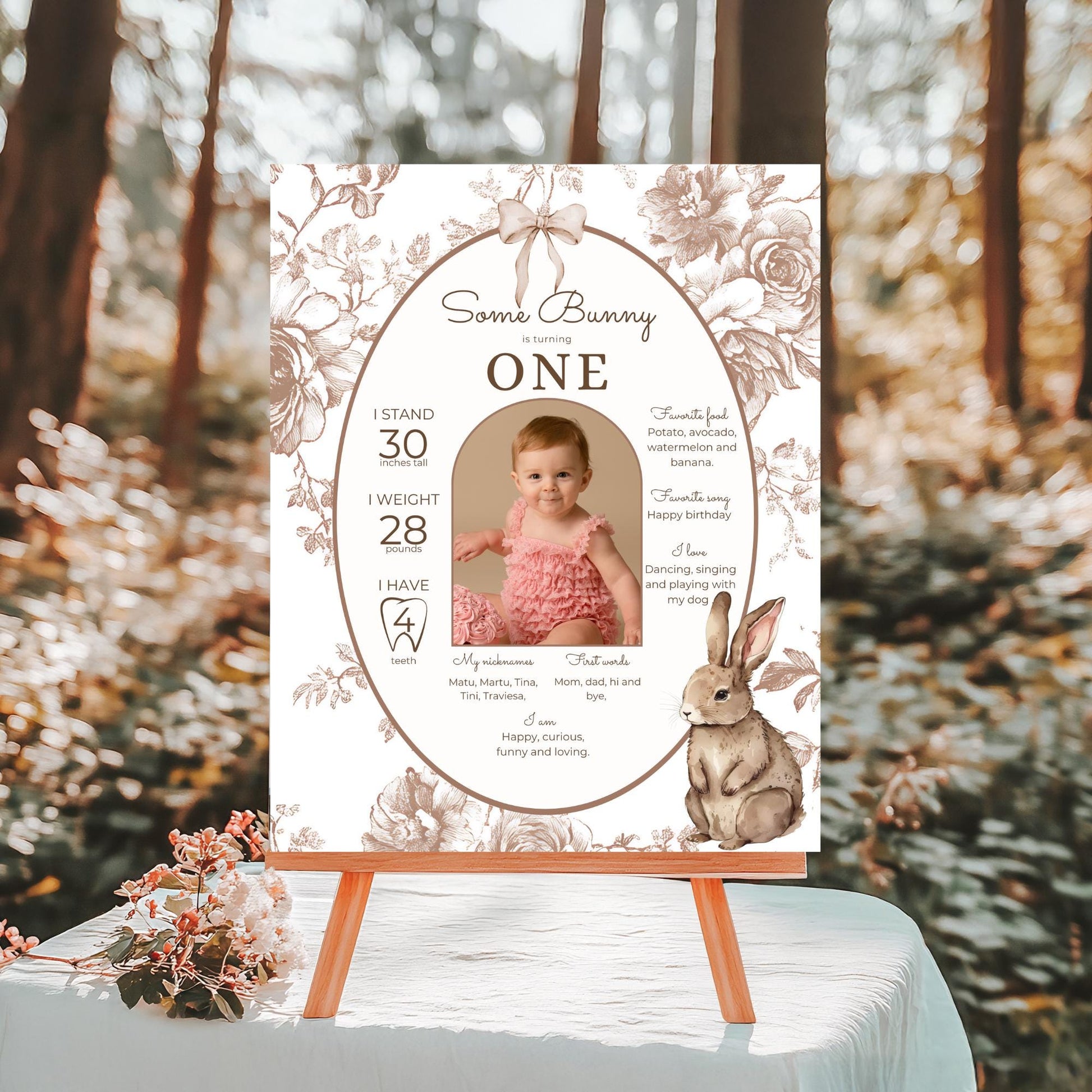 Some Bunny is One First Birthday Sign Stats Poster Editable Bunny 1st Birthday Monthly Banner Vintage Floral Rabbit Photo Milestone sign