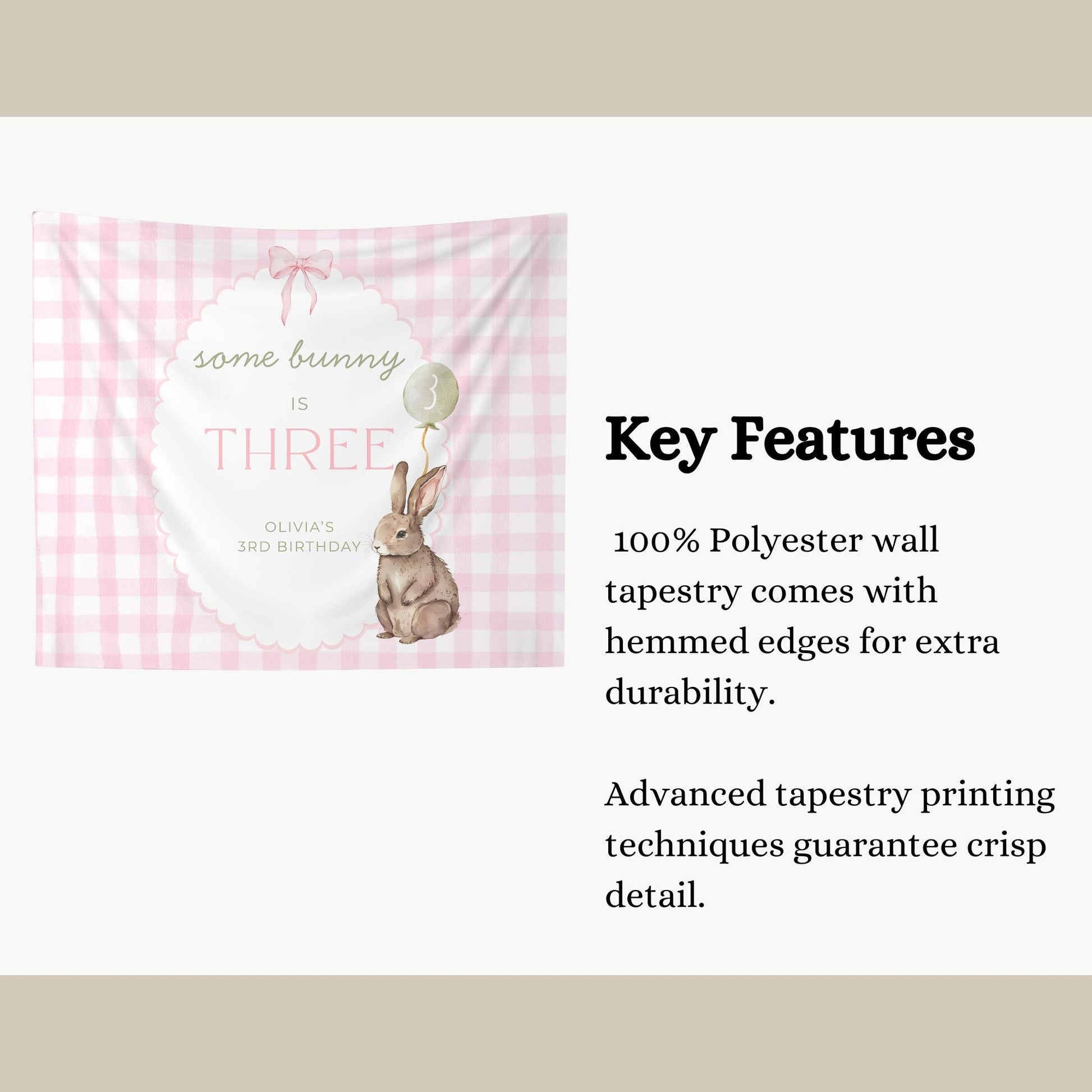 Some Bunny is Three Birthday Backdrop Bunny Birthday Welcome Sign Pink Gingham Bunny Banner Personalized Easter 3rd Birthday Decoration
