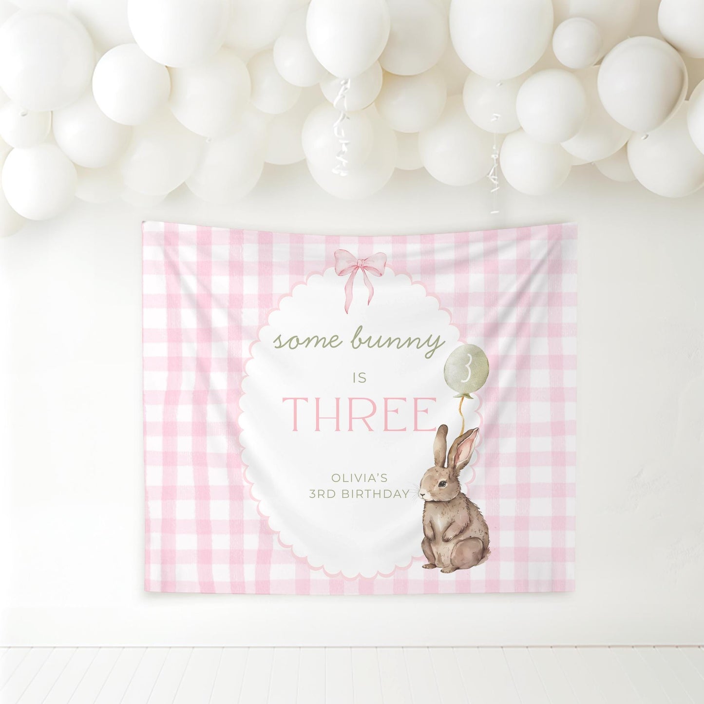 Some Bunny is Three Birthday Backdrop Bunny Birthday Welcome Sign Pink Gingham Bunny Banner Personalized Easter 3rd Birthday Decoration
