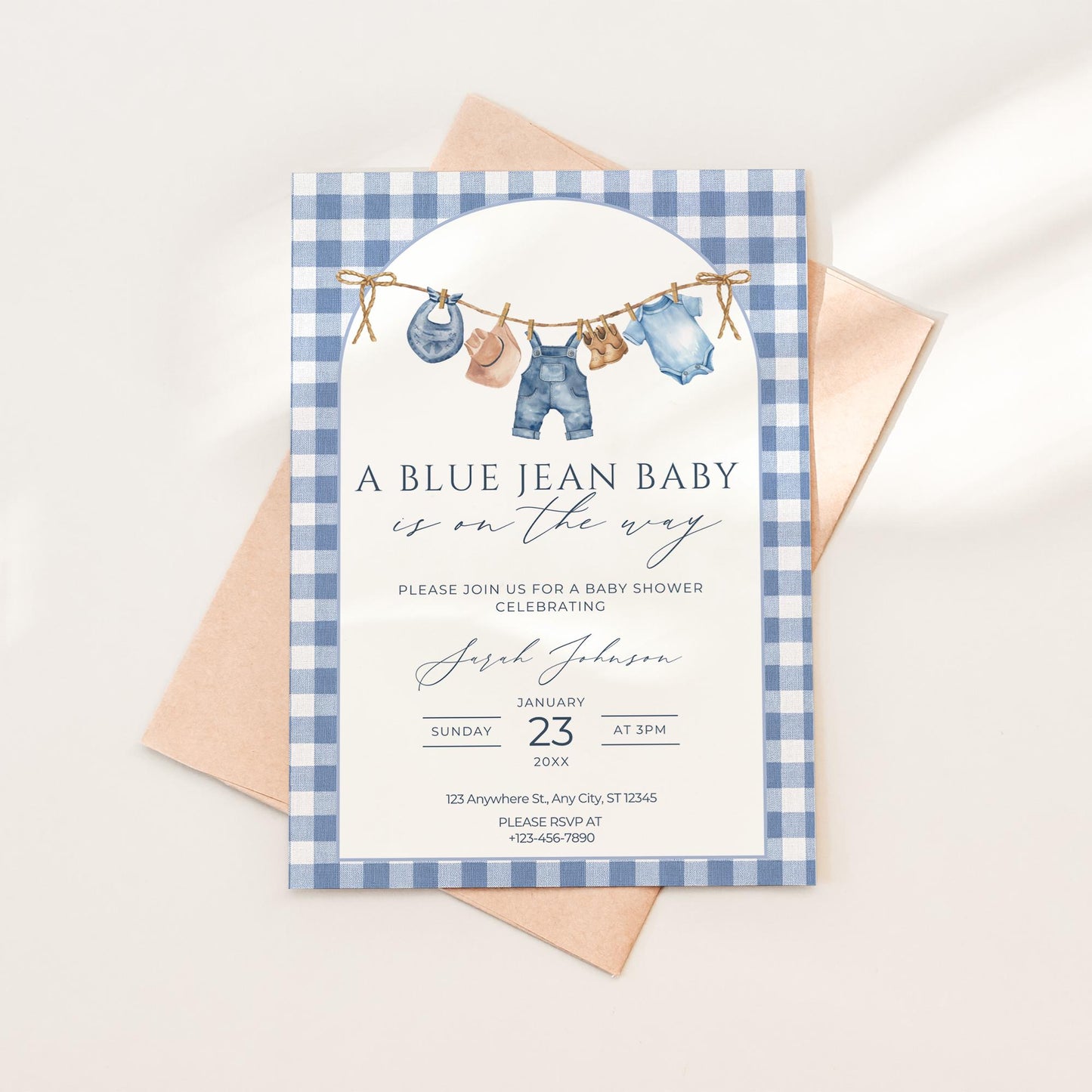 Blue Jean Baby Shower Invitation Blue Gingham Baby Sprinkle Invite Denim Baby Shower Cowboy Baby Shower Editable Baby Shower Invitation