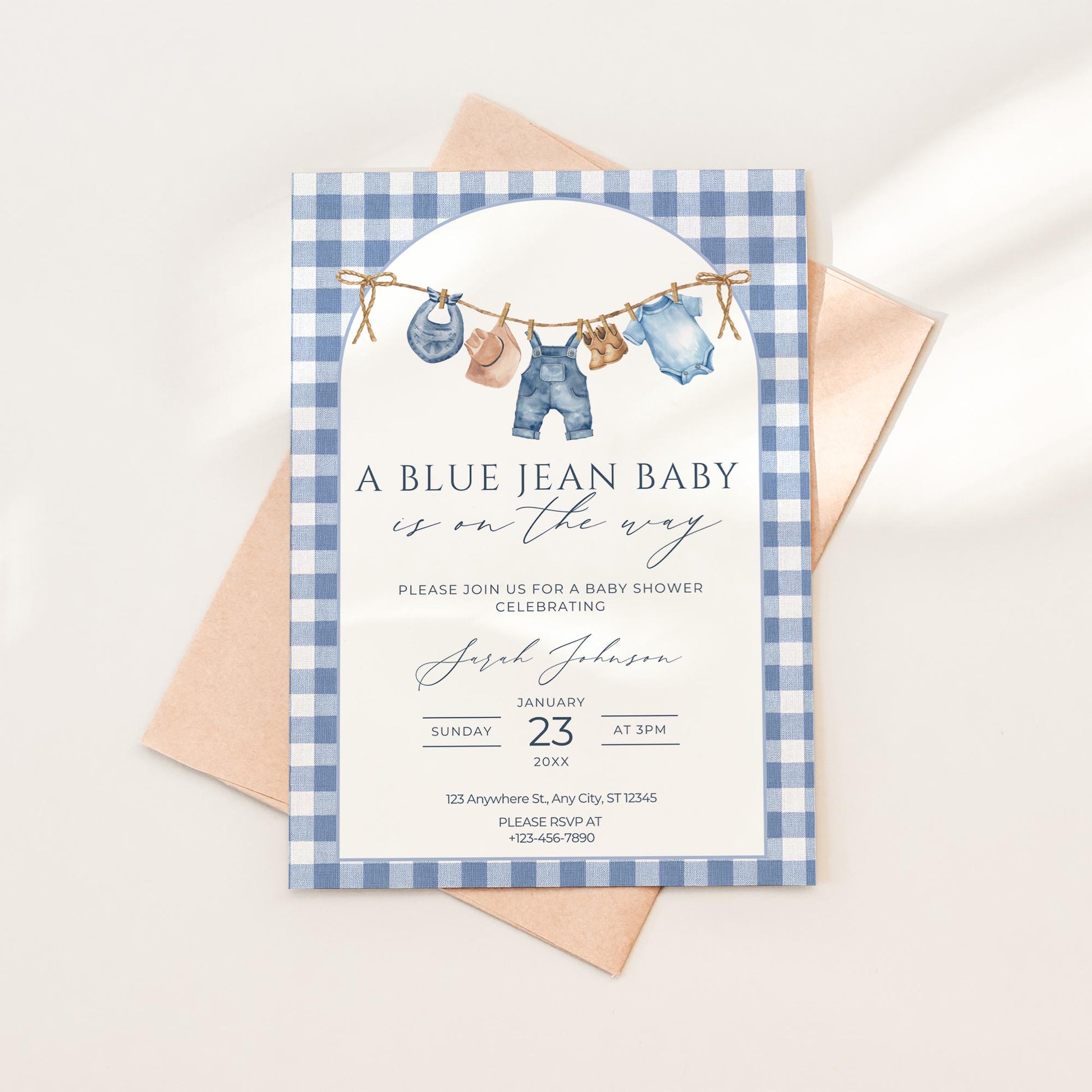 Blue Jean Baby Shower Invitation Blue Gingham Baby Sprinkle Invite Denim Baby Shower Cowboy Baby Shower Editable Baby Shower Invitation