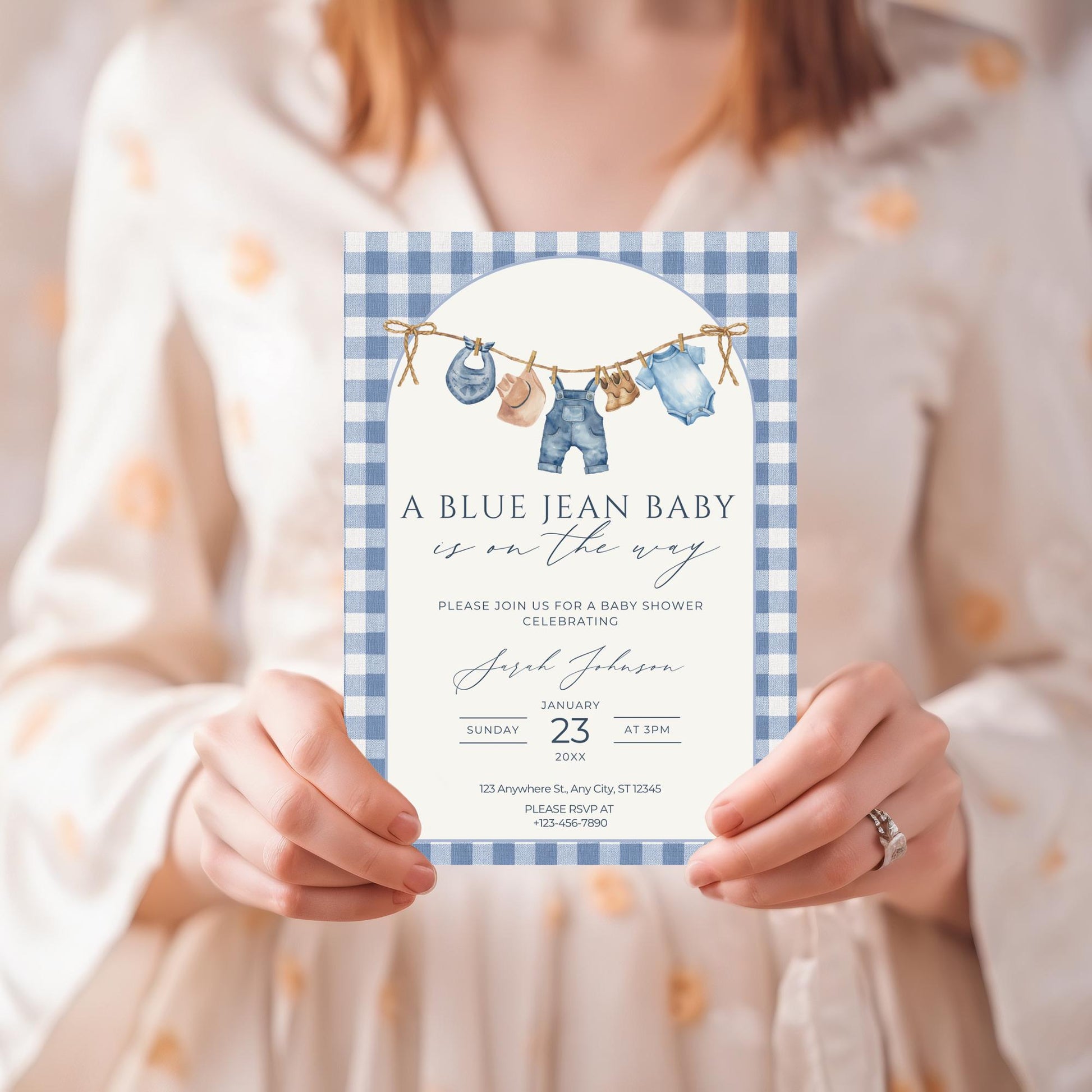Blue Jean Baby Shower Invitation Blue Gingham Baby Sprinkle Invite Denim Baby Shower Cowboy Baby Shower Editable Baby Shower Invitation