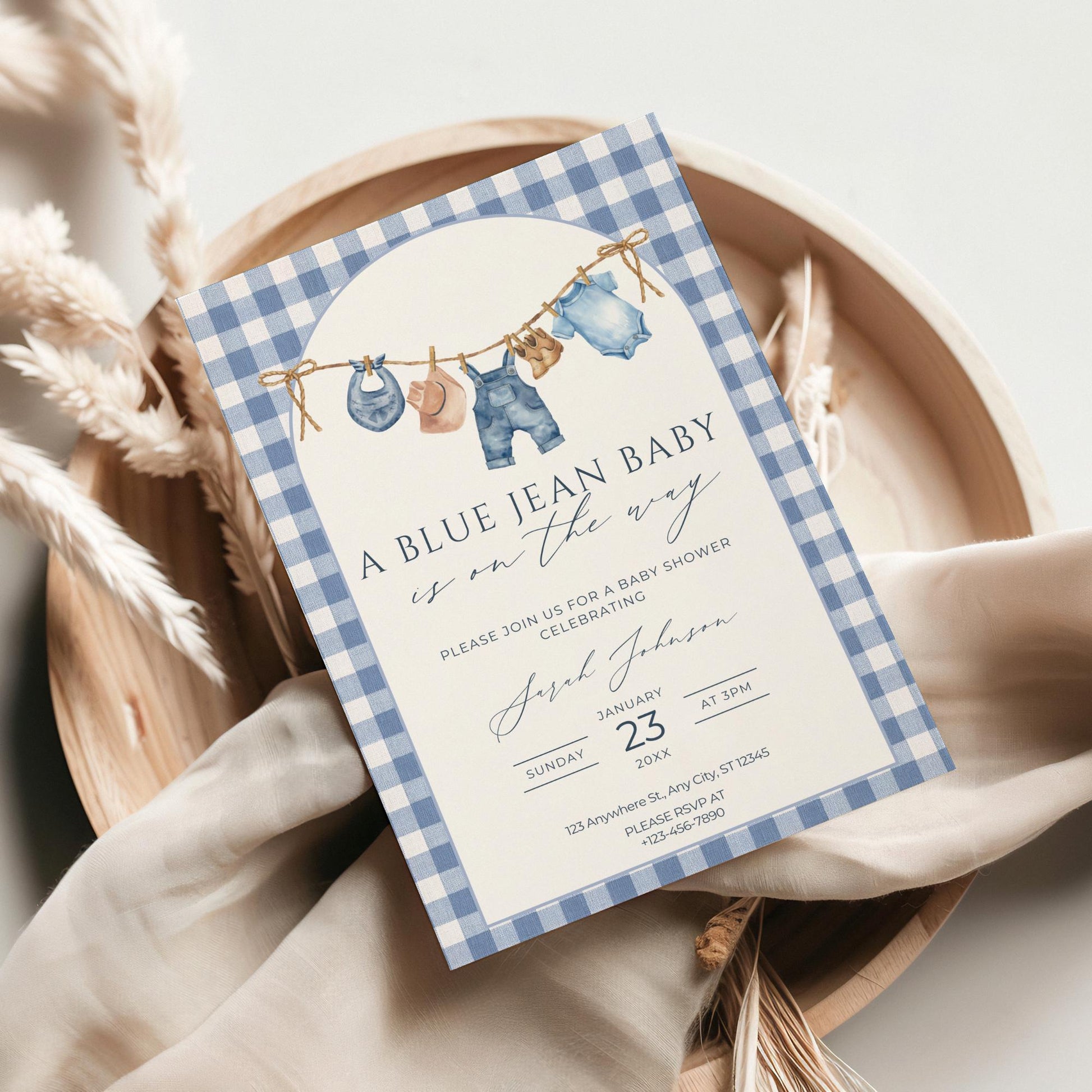 Blue Jean Baby Shower Invitation Blue Gingham Baby Sprinkle Invite Denim Baby Shower Cowboy Baby Shower Editable Baby Shower Invitation