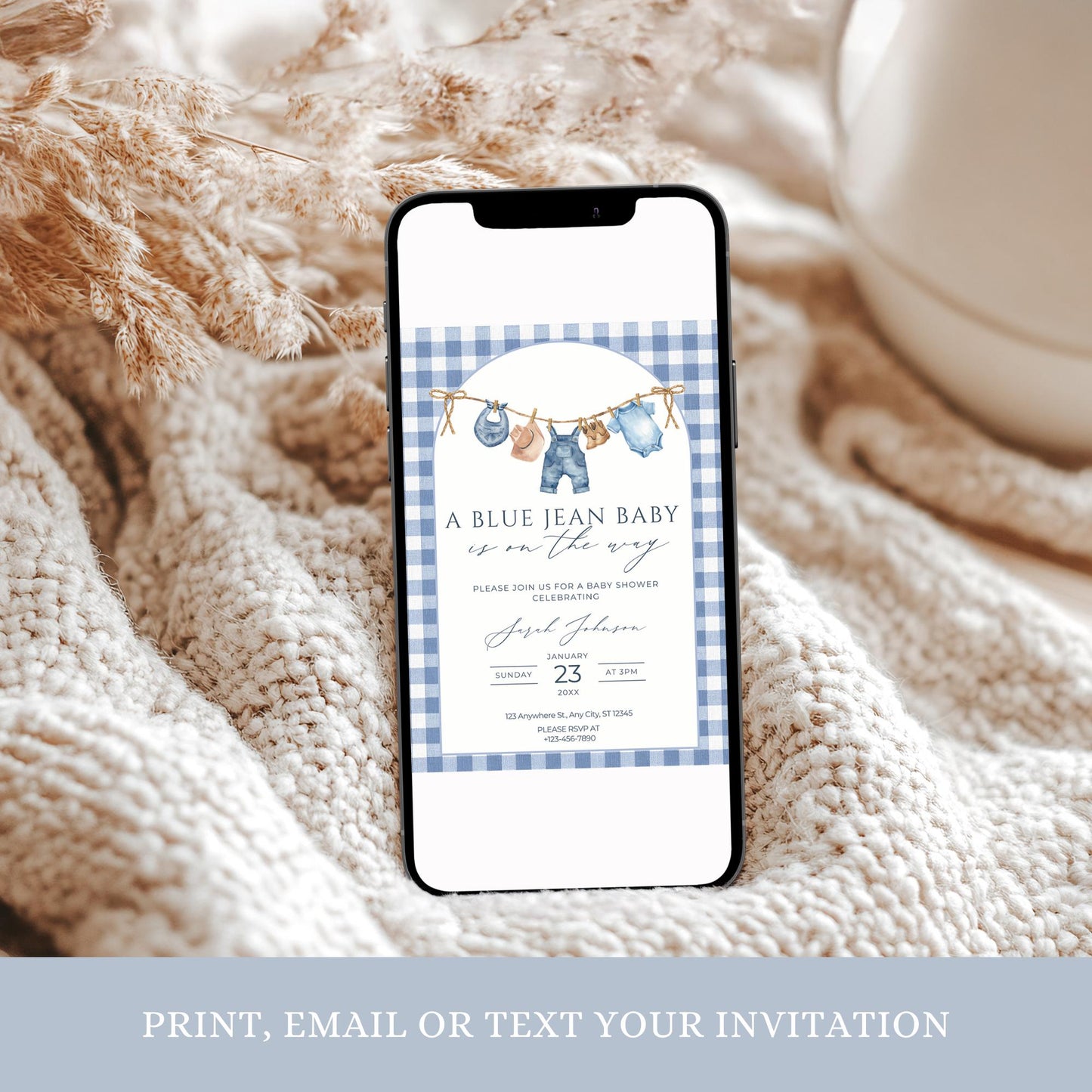 Blue Jean Baby Shower Invitation Blue Gingham Baby Sprinkle Invite Denim Baby Shower Cowboy Baby Shower Editable Baby Shower Invitation