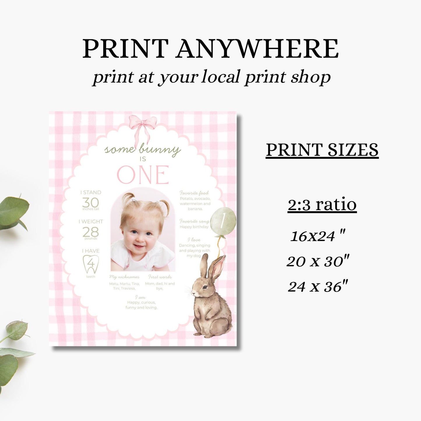Some Bunny is One First Birthday Sign Stats Poster Editable Bunny 1st Birthday Monthly Banner Pink Gingham Rabbit Photo Milestone sign