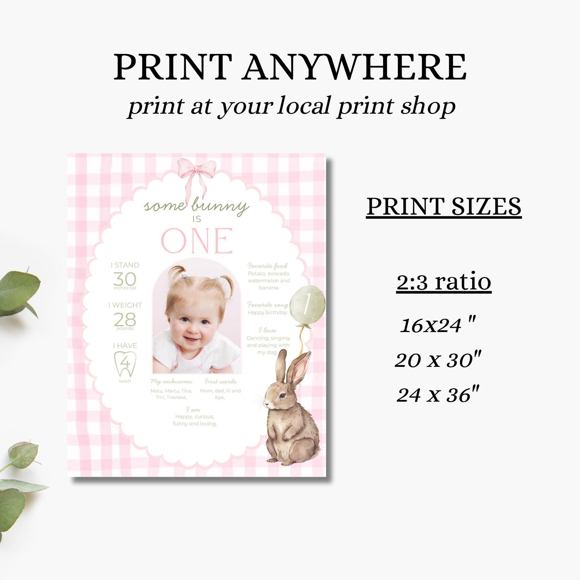 Some Bunny is One First Birthday Sign Stats Poster Editable Bunny 1st Birthday Monthly Banner Pink Gingham Rabbit Photo Milestone sign