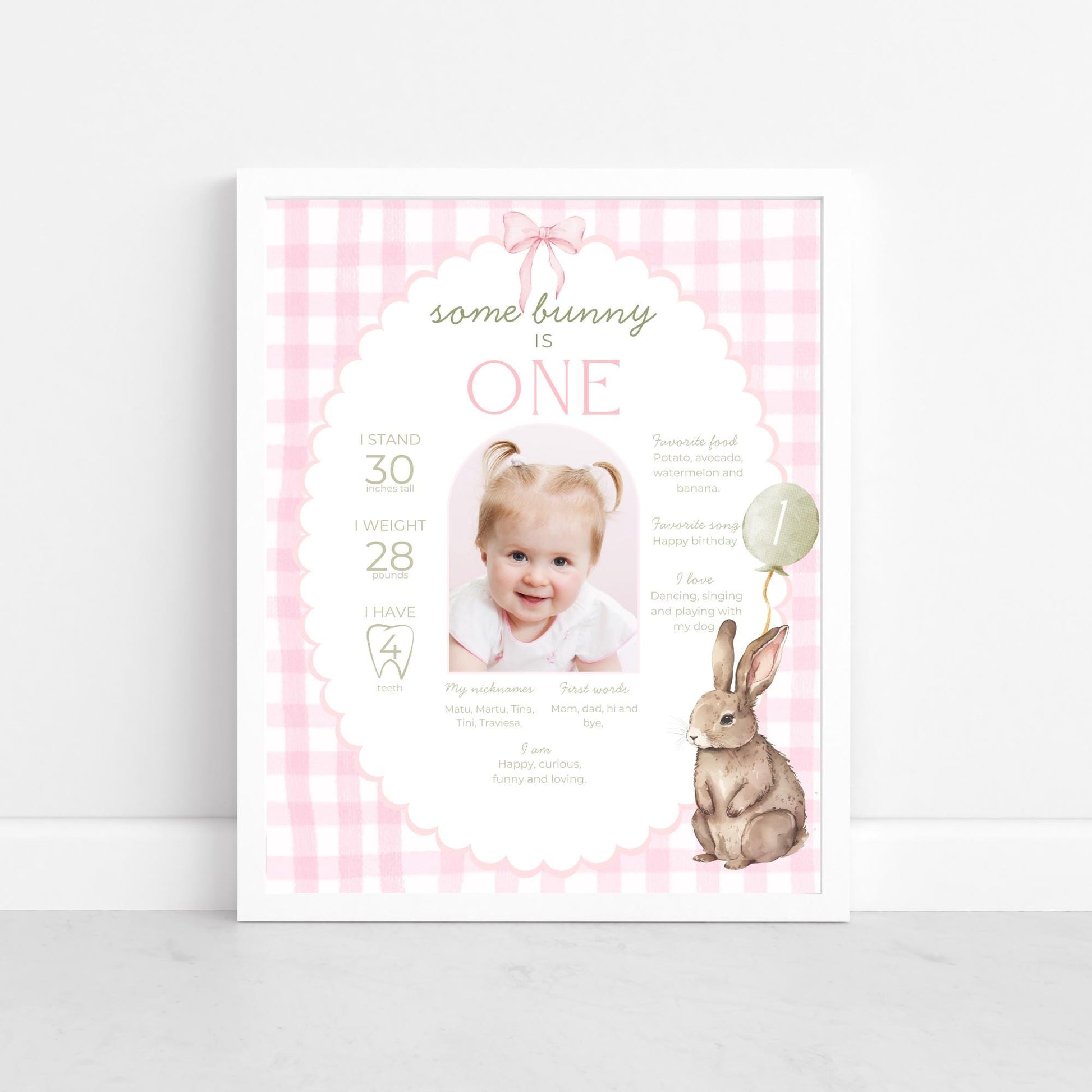 Some Bunny is One First Birthday Sign Stats Poster Editable Bunny 1st Birthday Monthly Banner Pink Gingham Rabbit Photo Milestone sign