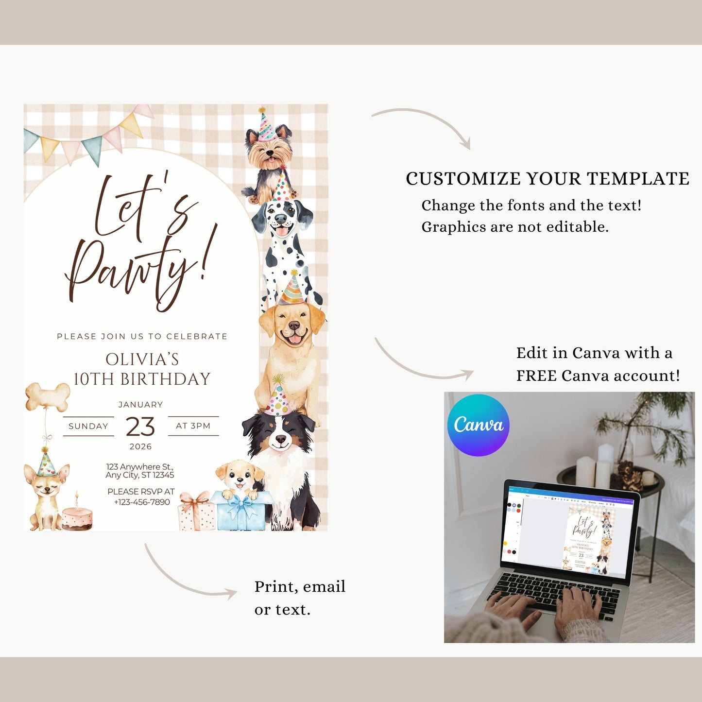 Let's Pawty Birthday Invitation Puppy Dog Birthday Invitation Dog Theme Editable Invitation Puppy Party Evite Bundle