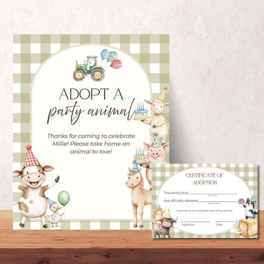 Adopt a Farm Animal Sign Adoption Certificate One Party Animal Party Favor Printable Birthday Decor Download Farm Birthday Decor Barnyard