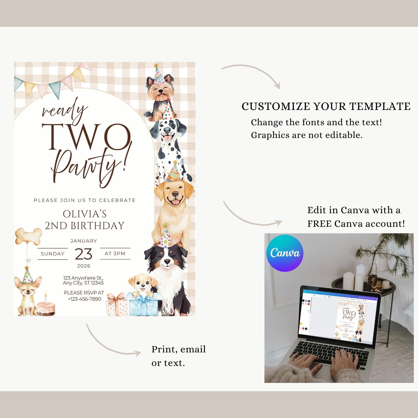 Ready TWO Pawty Birthday Invitation Puppy 2nd Dog Birthday Invitation Dog Theme Editable Invitation Puppy Party Evite Gender neutral