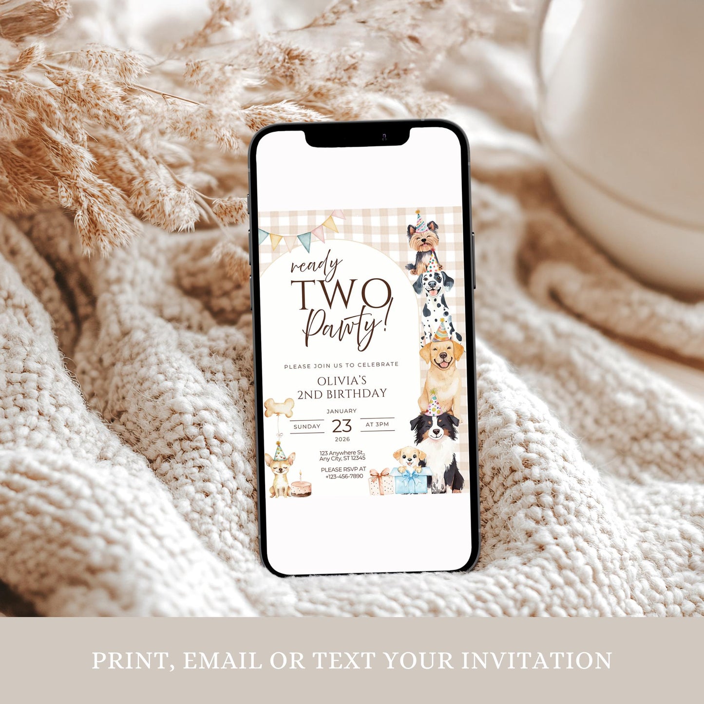 Ready TWO Pawty Birthday Invitation Puppy 2nd Dog Birthday Invitation Dog Theme Editable Invitation Puppy Party Evite Gender neutral