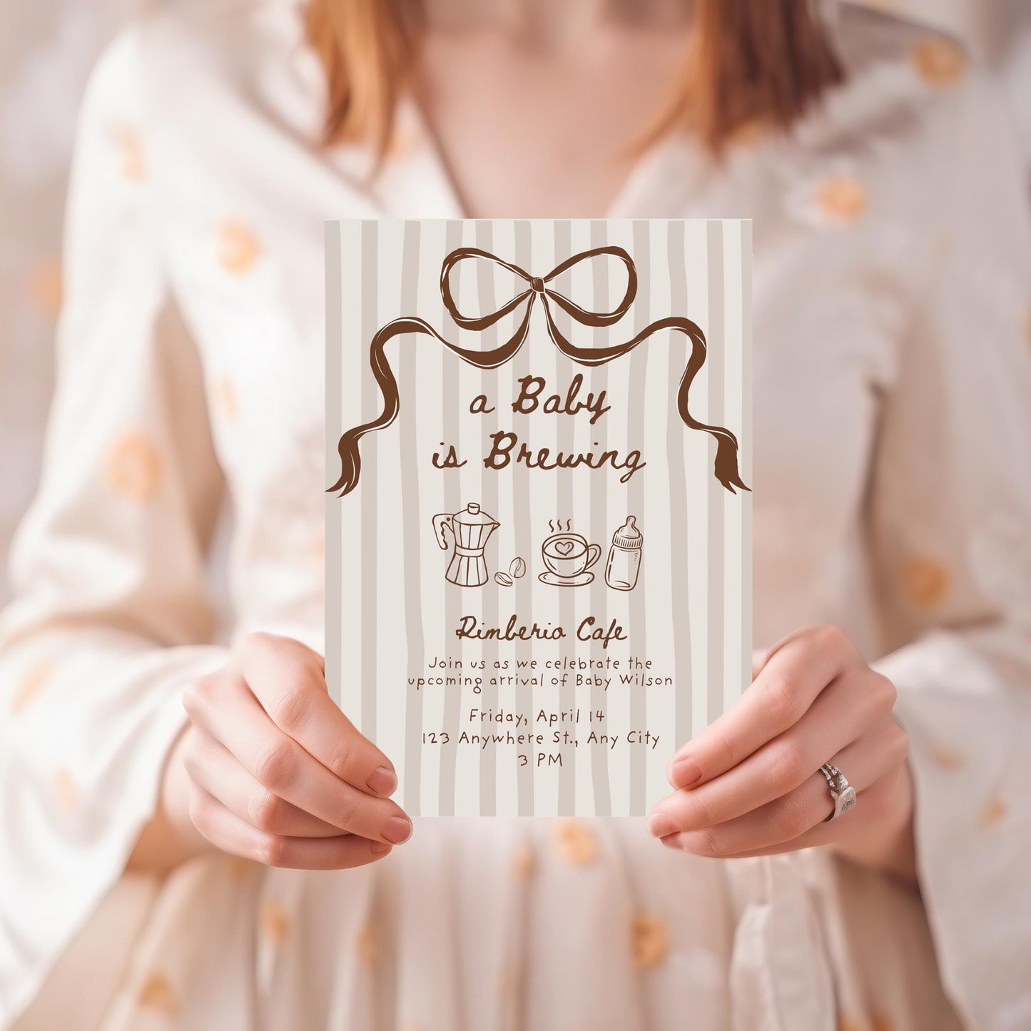 A Baby is Brewing Coffee Baby Shower Invite Editable Template Gender Neutral Digital Download Invitation Hand Drawn Whimsical Bow
